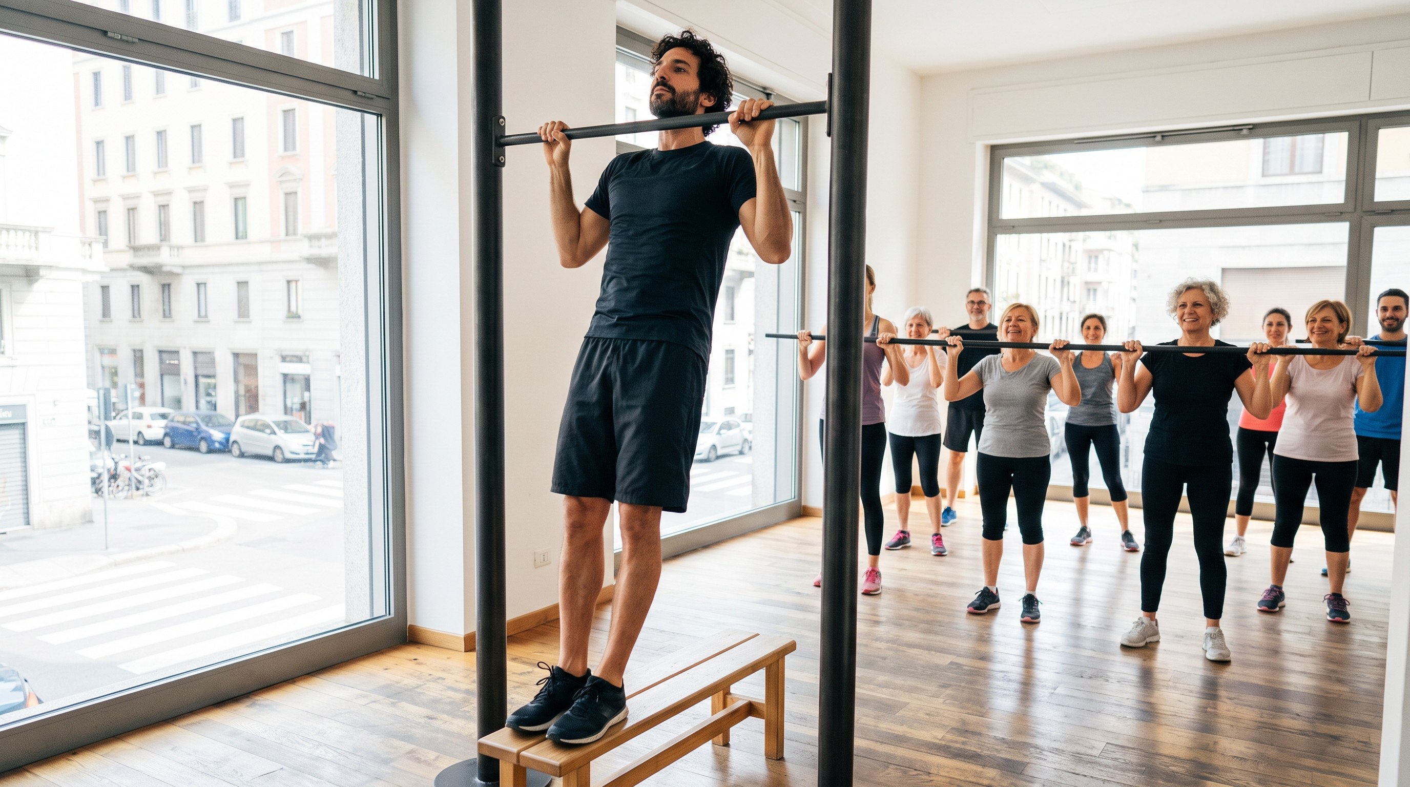 Gruppo di persone in lezione di fitness musicale guidata da istruttore certificato AIF