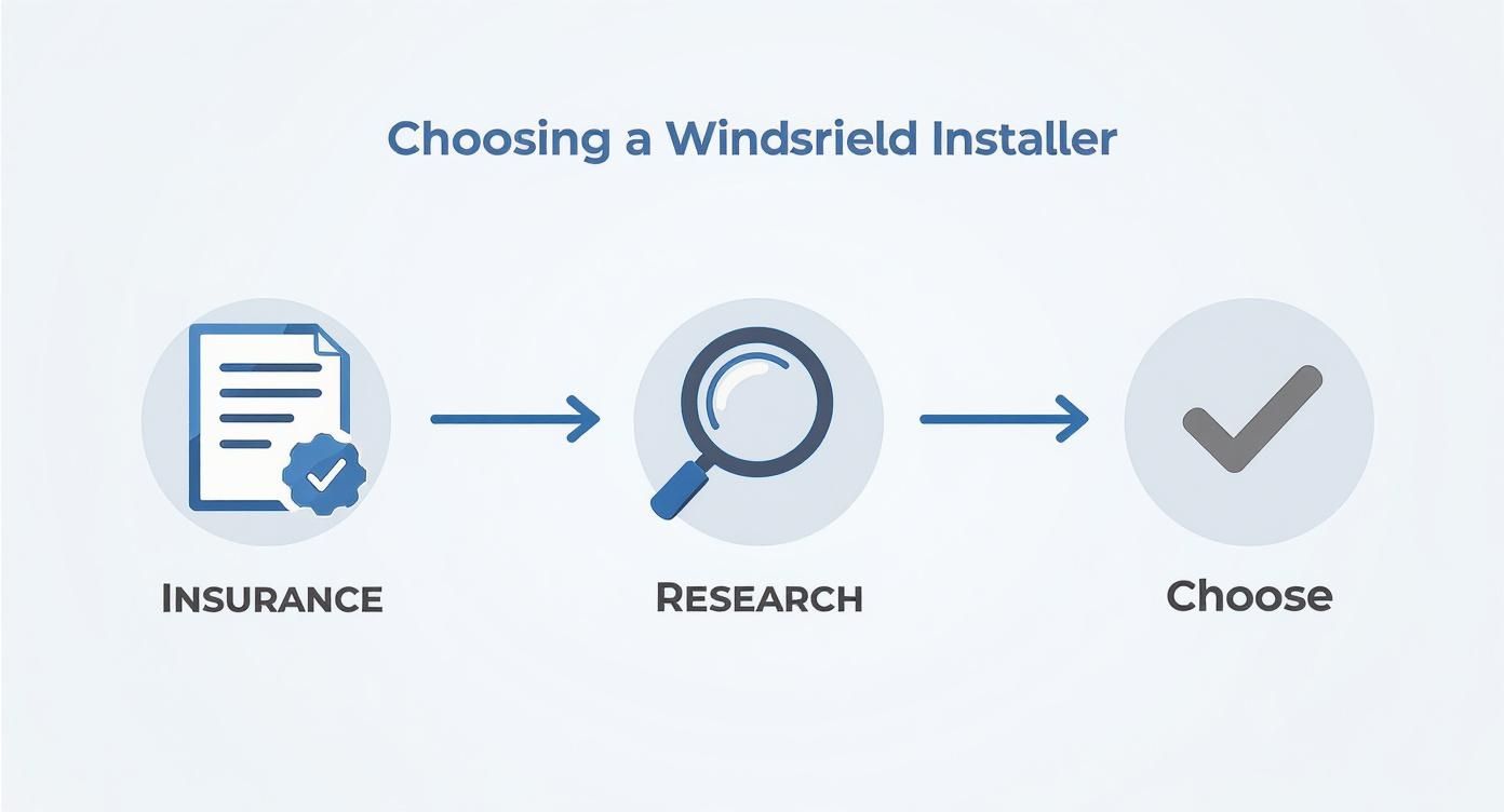 Infographic detailing the process of choosing a windshield installer, with icons for insurance, research, and selection.