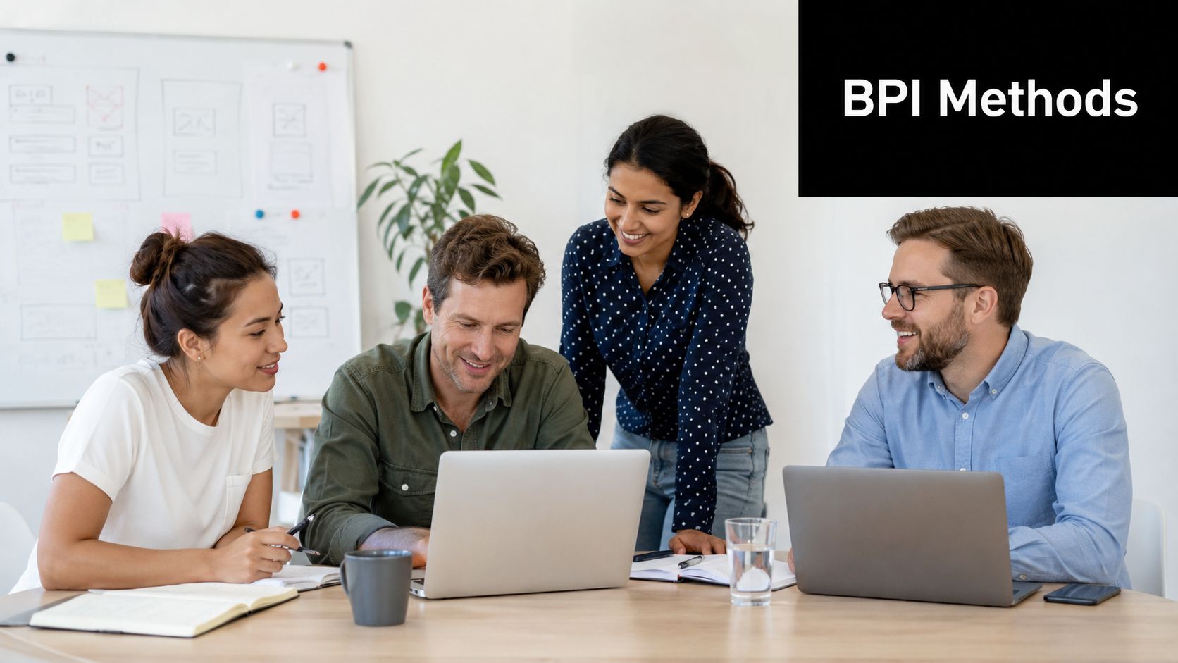 A diverse group of four professionals collaborating around a table during a business meeting in an office.