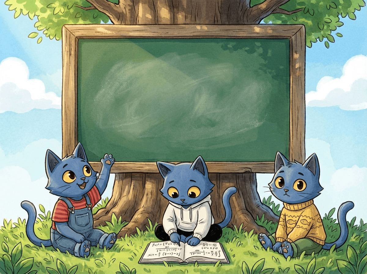 Three blue cartoon cats sitting under a tree in front of a chalkboard with the text Ready to See Real Progress