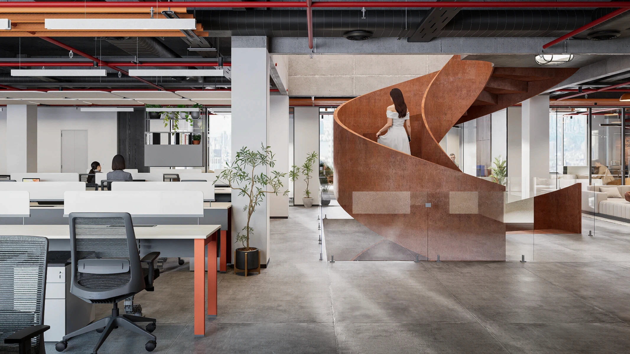 Quality Care hospital's workspace workstation area with open celling and breakout area