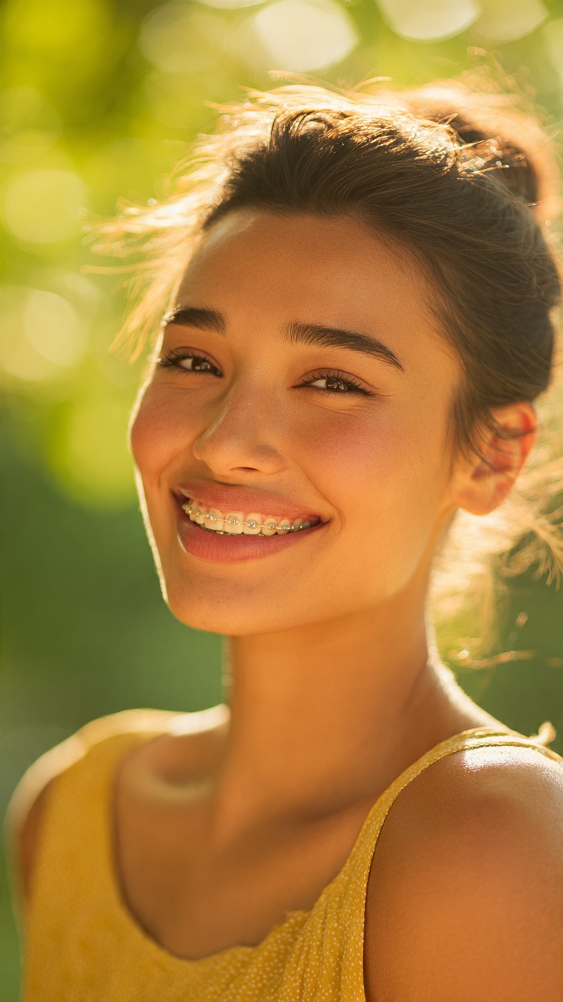 A young woman with braces smiles warmly, bathed in golden sunlight. Her hair is tied up, and she wears a yellow sleeveless top. The background is a soft blur of greenery.