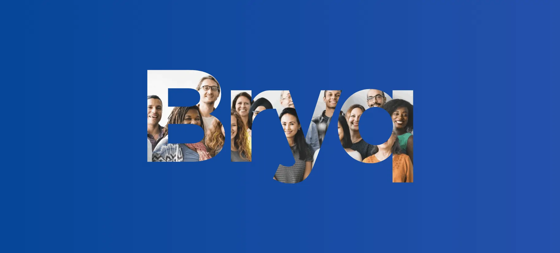 Bryq logo filled with diverse, smiling individuals on a blue background.