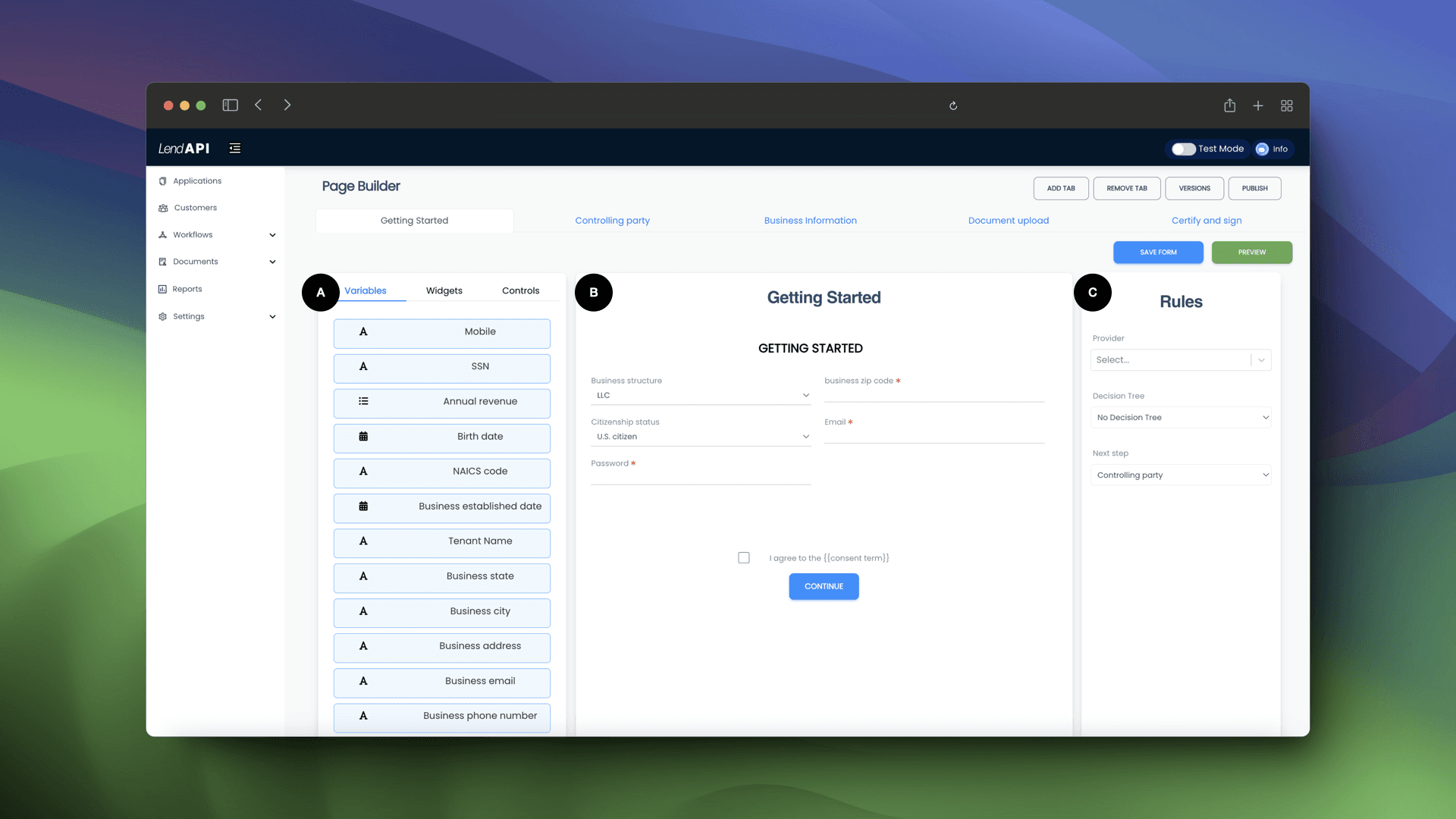 LendAPI Product Builder Main Sections