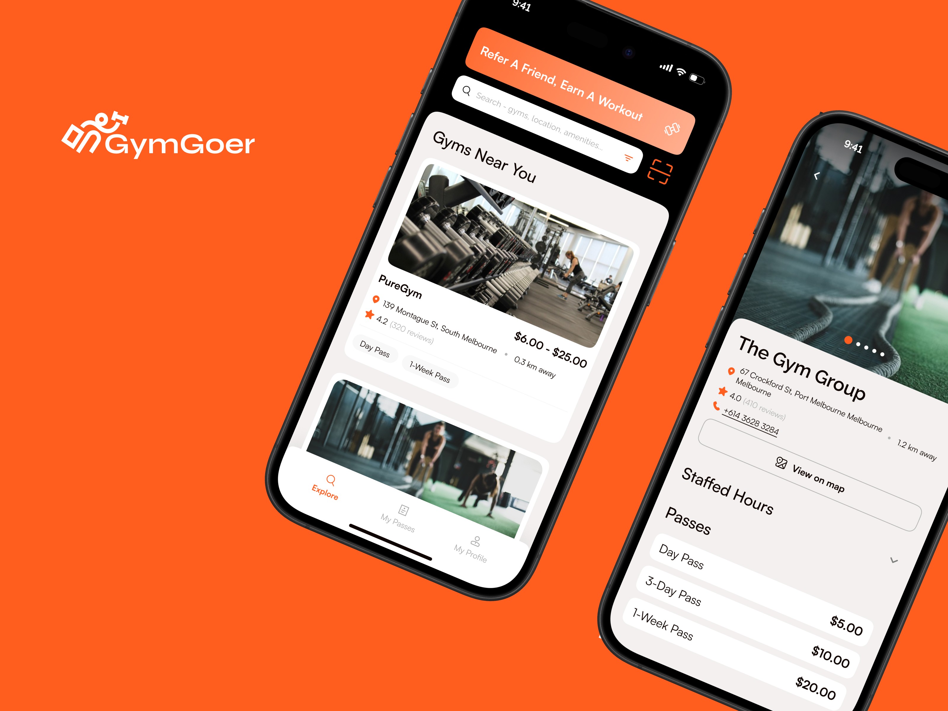 Mobile fitness app interface showing a clean workout and casual gym pass booking flow for flexible gym-goers.