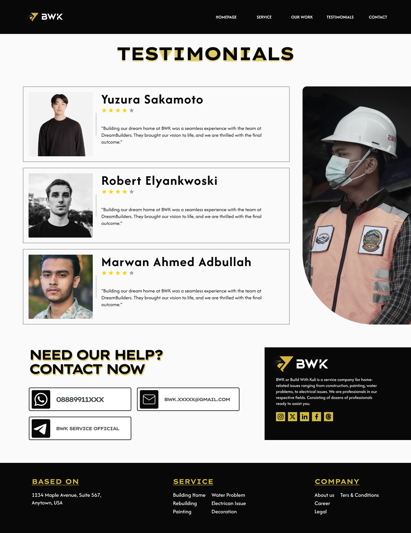 Testimonial and footer