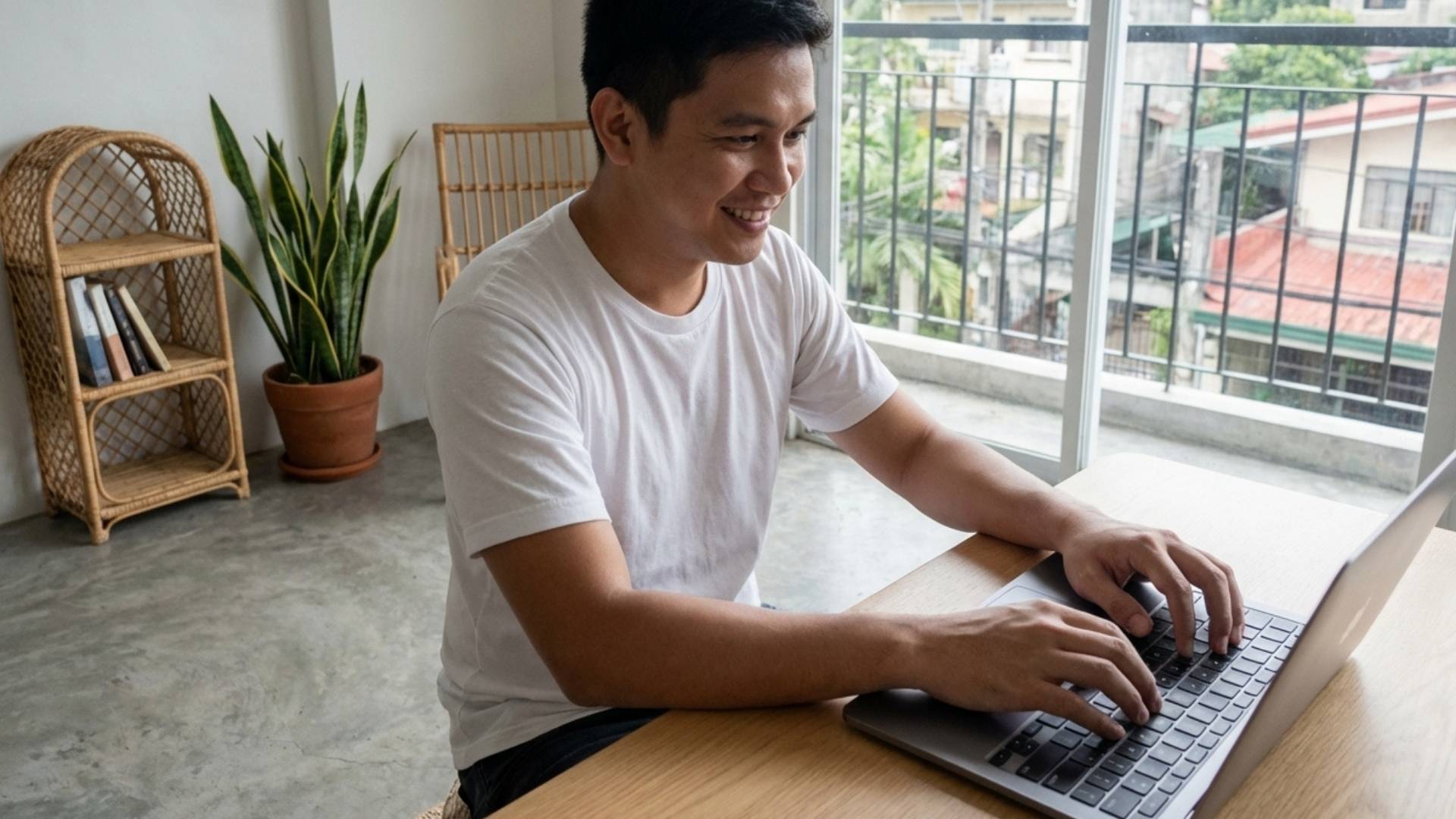 An image of a Filipino virtual assistant working at home.