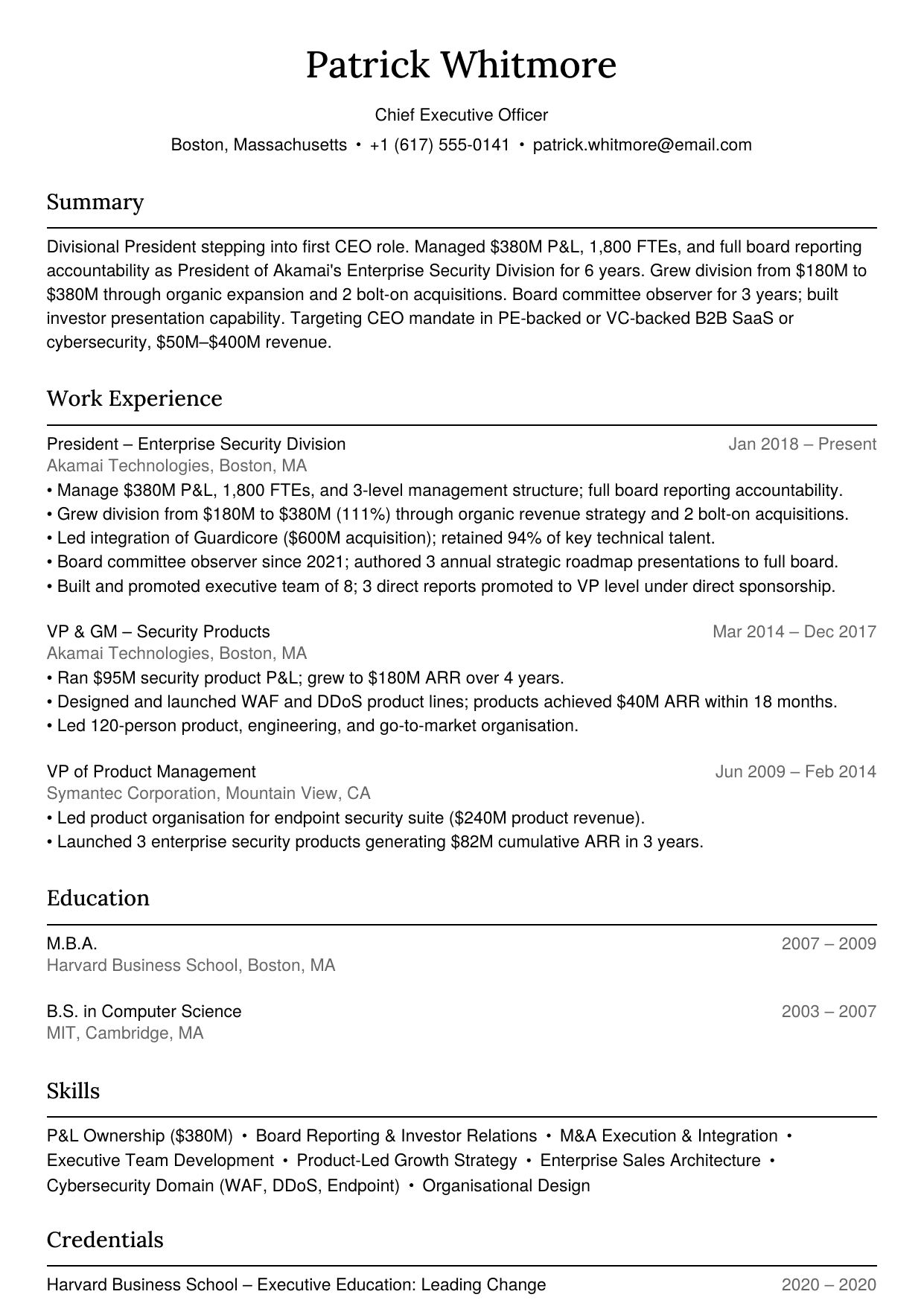 First-time CEO resume example
