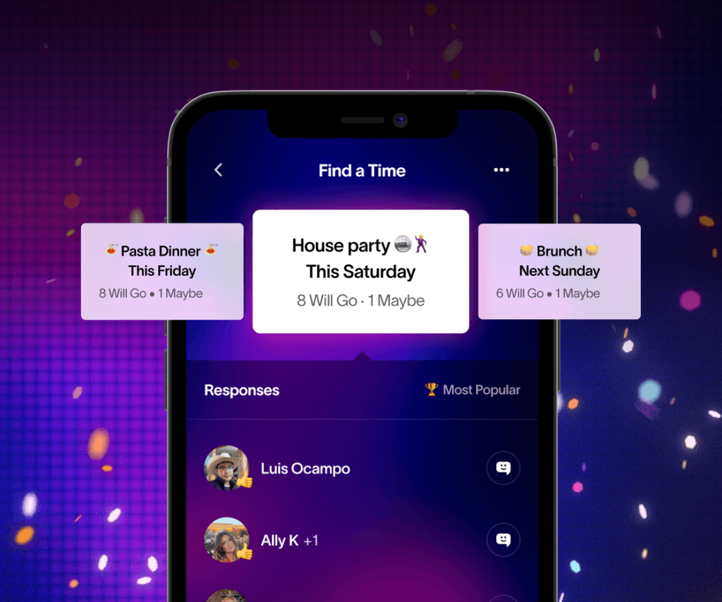 Partiful event payment feature with a chat bubble stating 'This event costs $20 per person,' surrounded by floating dollar bills and digital payment icons like Venmo and PayPal. Easily collect payments for parties and events.