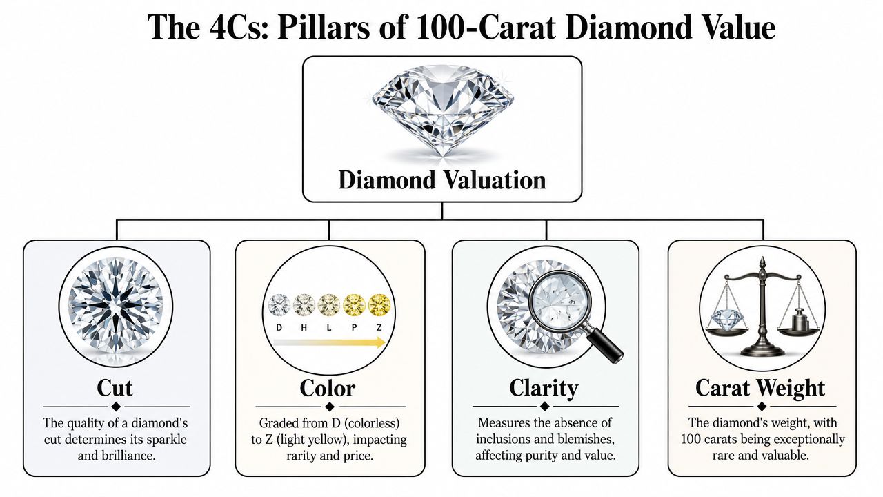 An educational infographic explaining the 4Cs of diamond valuation: cut, color, clarity, and carat weight.