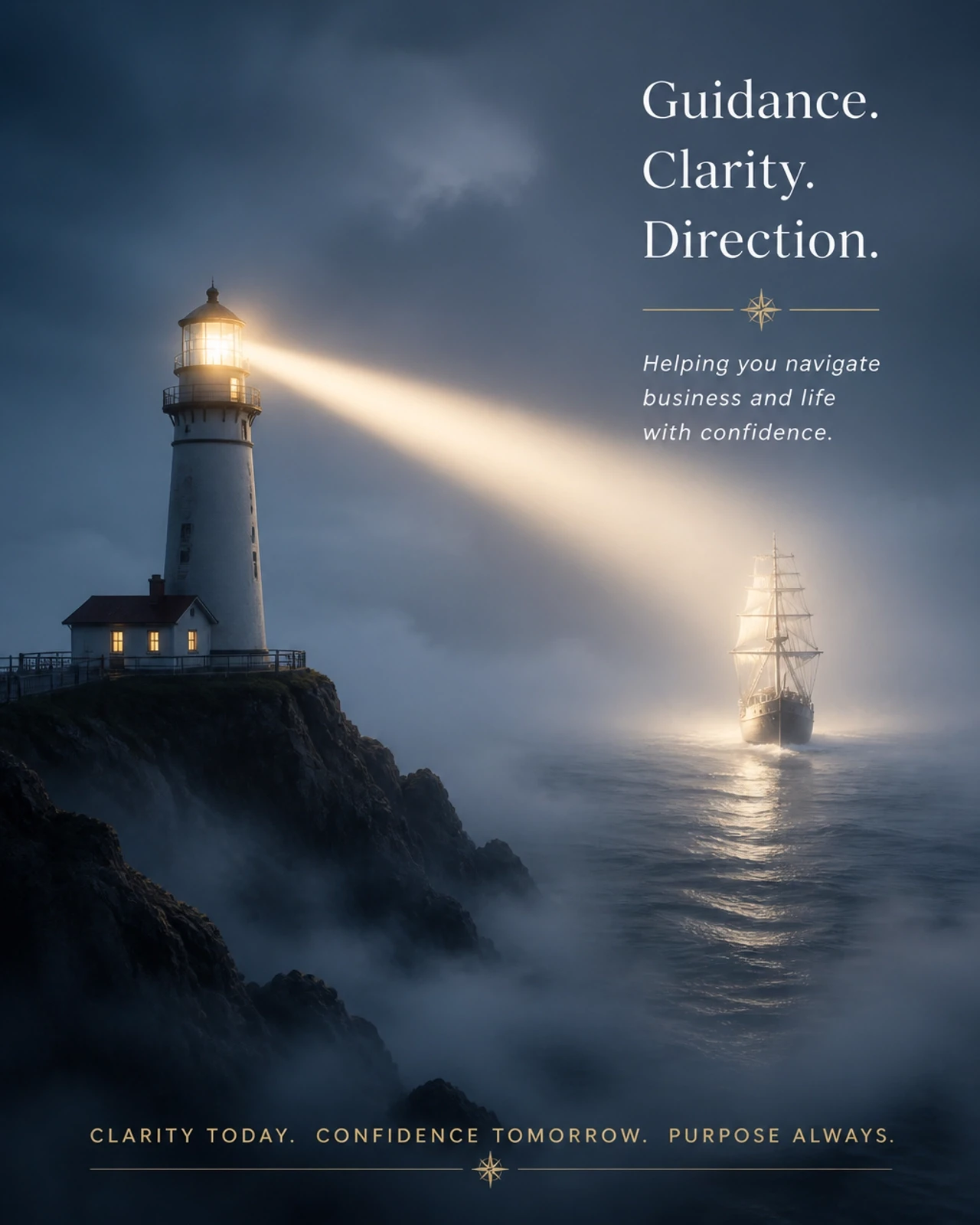 A lighthouse shining a clear beam of light onto a ship in a foggy sea, symbolizing guidance and clarity.