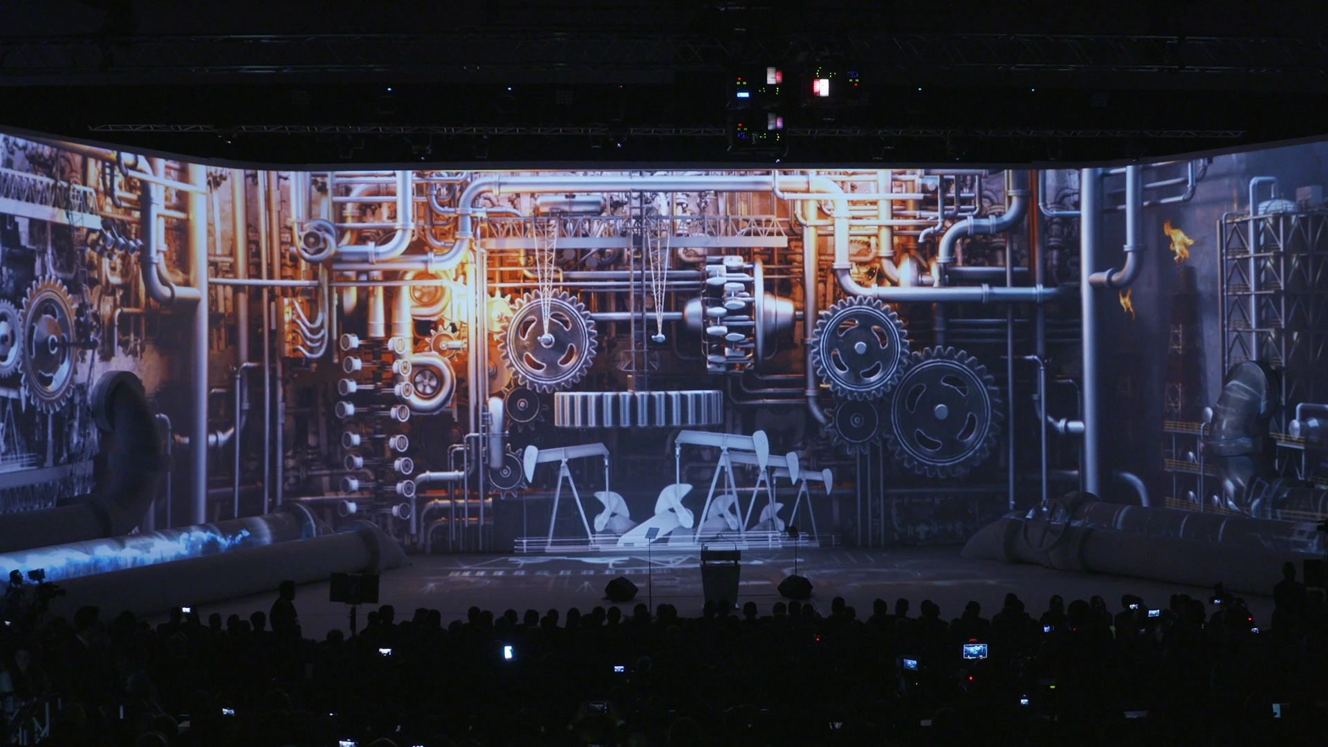 Layered linework forming a city to infrastructure panorama