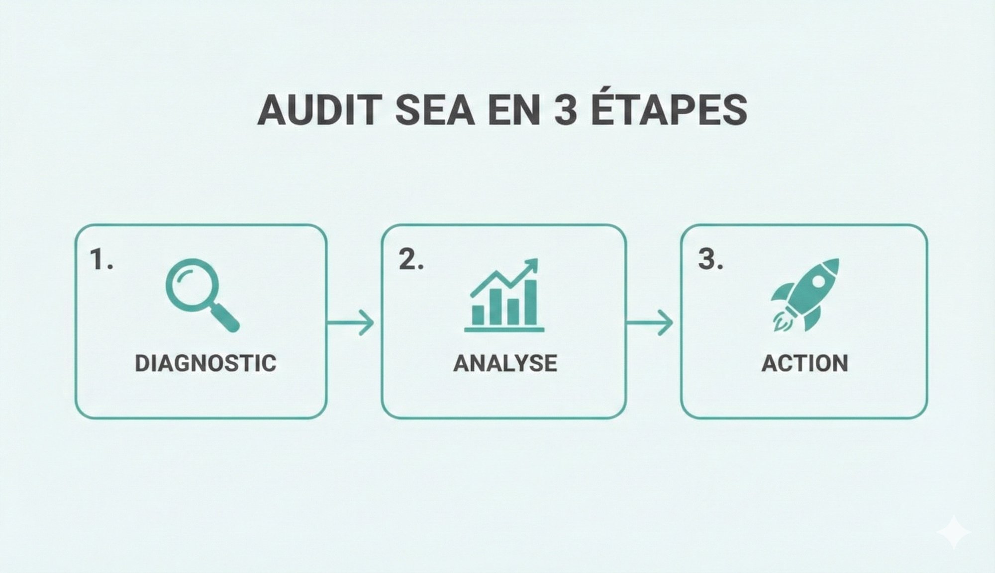 Diagramme visuel présentant les 3 étapes clés d'un audit SEA : diagnostic, analyse et action.