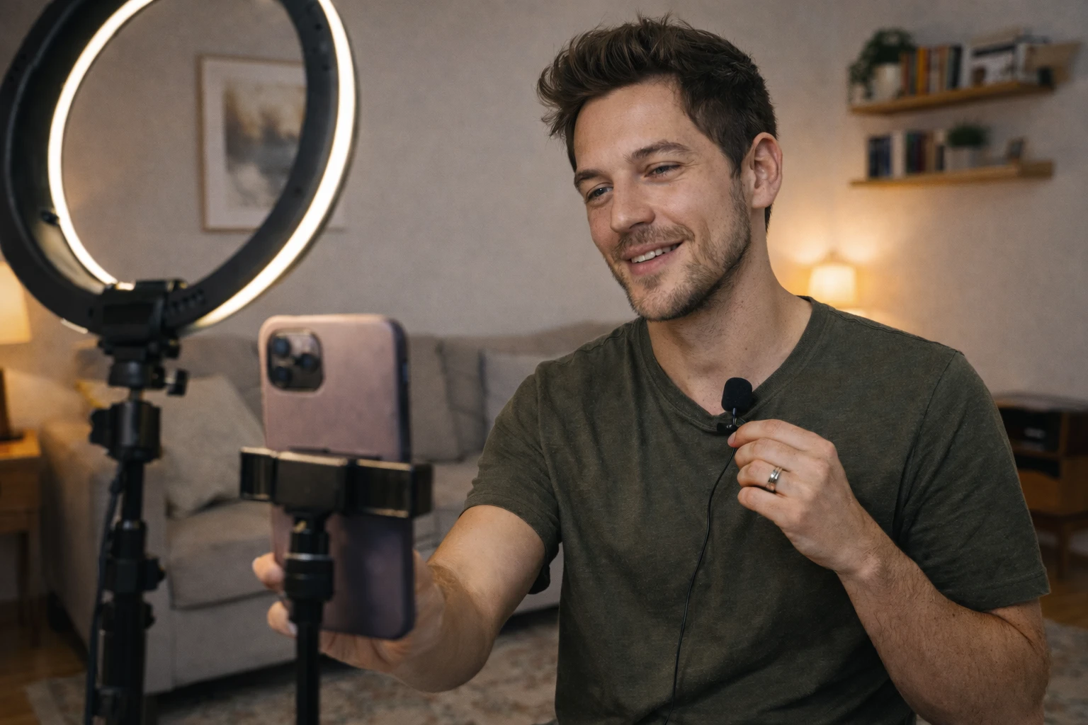 Creador de contenido masculino utilizando un aro de luz y un micrófono para explicar cómo gestionar el pago de OnlyFans a través de la plataforma Takenos