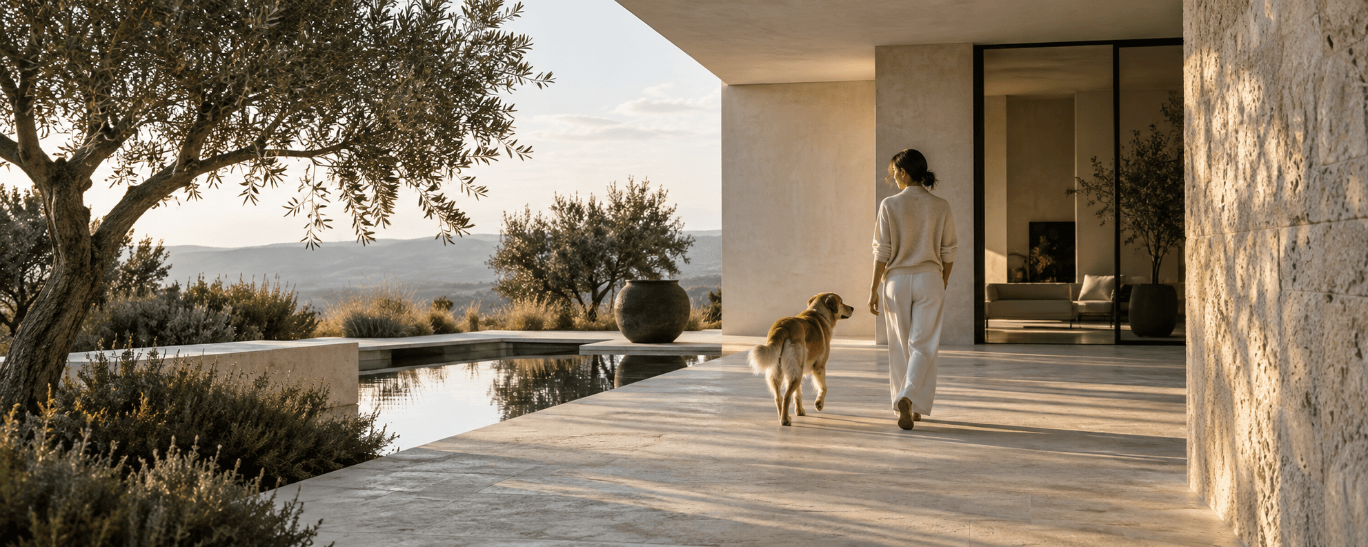 A person and dog walking together through a refined contemporary home