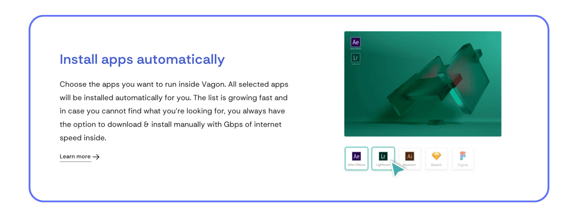 Vagon Cloud Computer app installation panel featuring software icons like After Effects and Illustrator