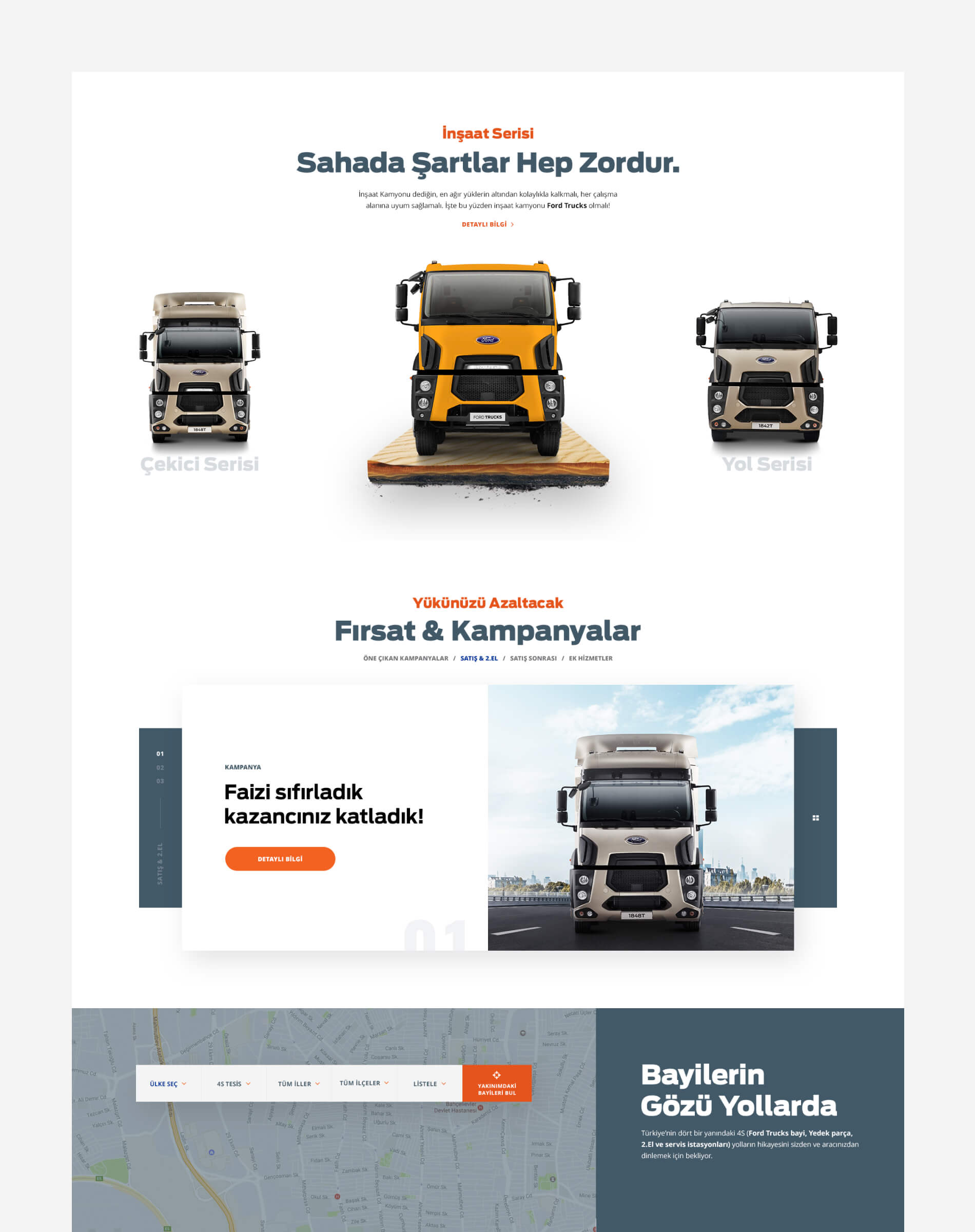 Ford Trucks product series UI layout featuring Çekici, İnşaat, and Yol models, campaign highlights, and dealership locator by Burak Canpolat.