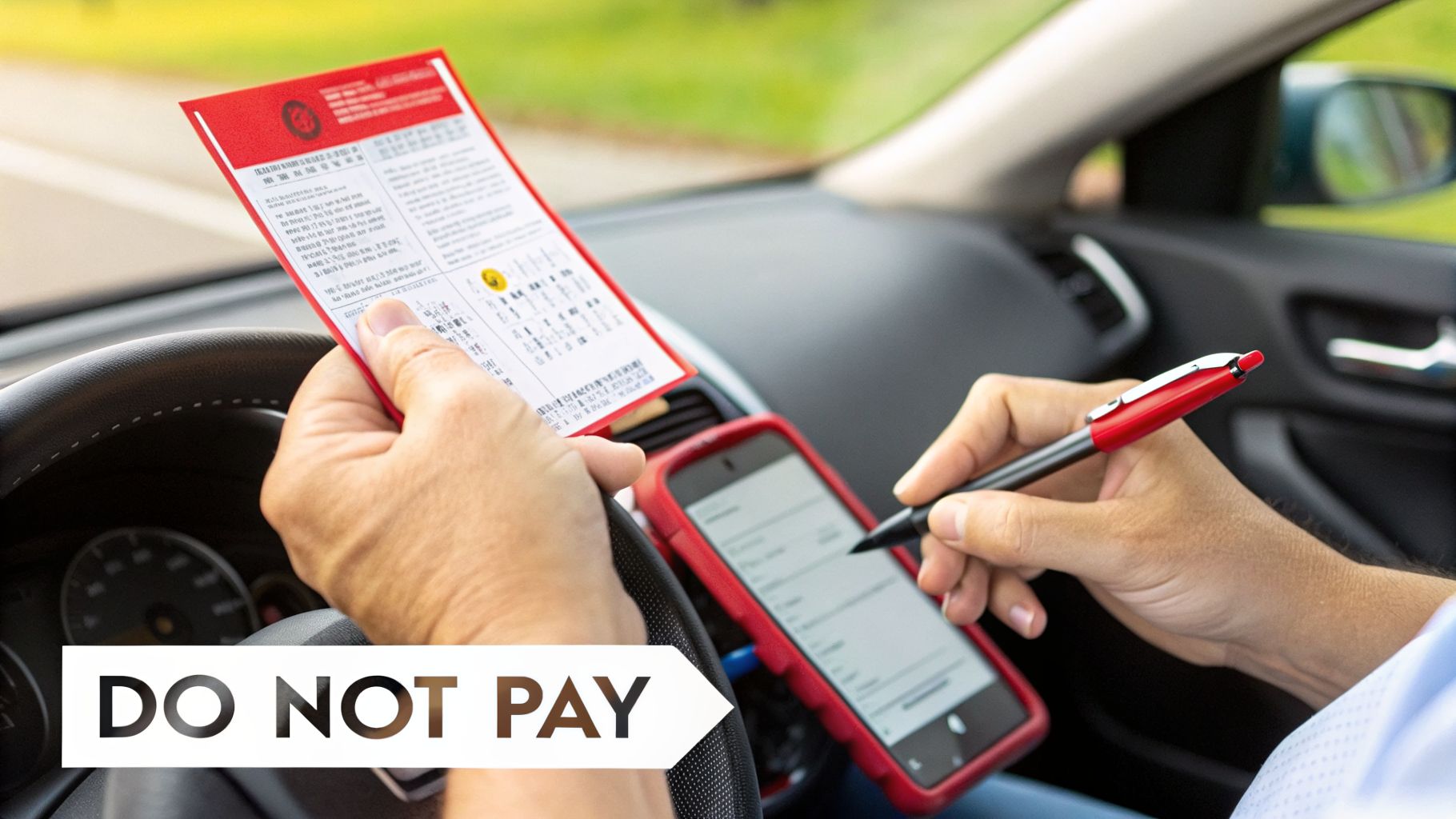A person in a car holding a red ticket and a smartphone with a pen, with 'DO NOT PAY' overlaid.