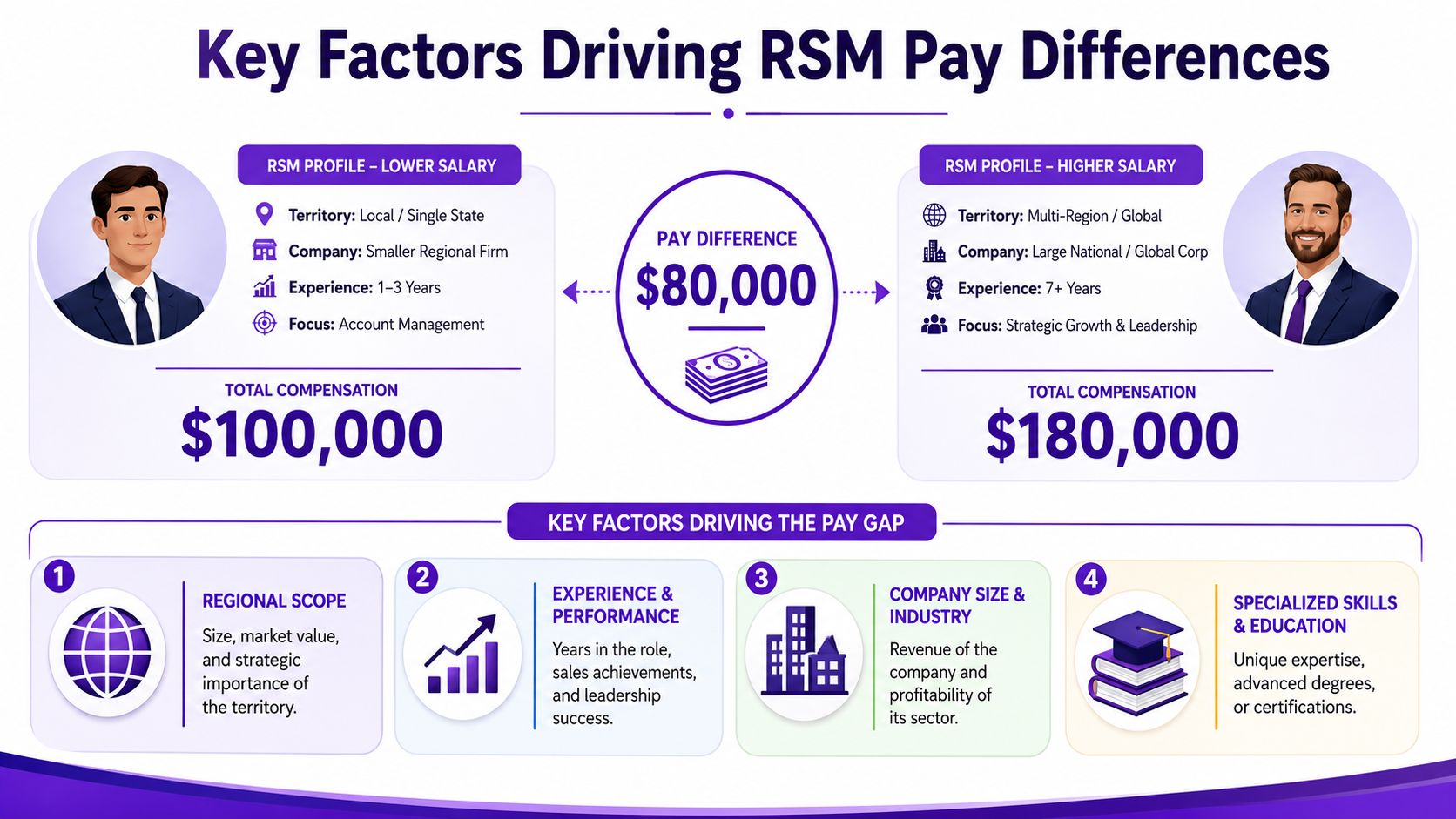 An infographic comparing lower and higher salary factors for a Regional Sales Manager, highlighting key pay drivers.