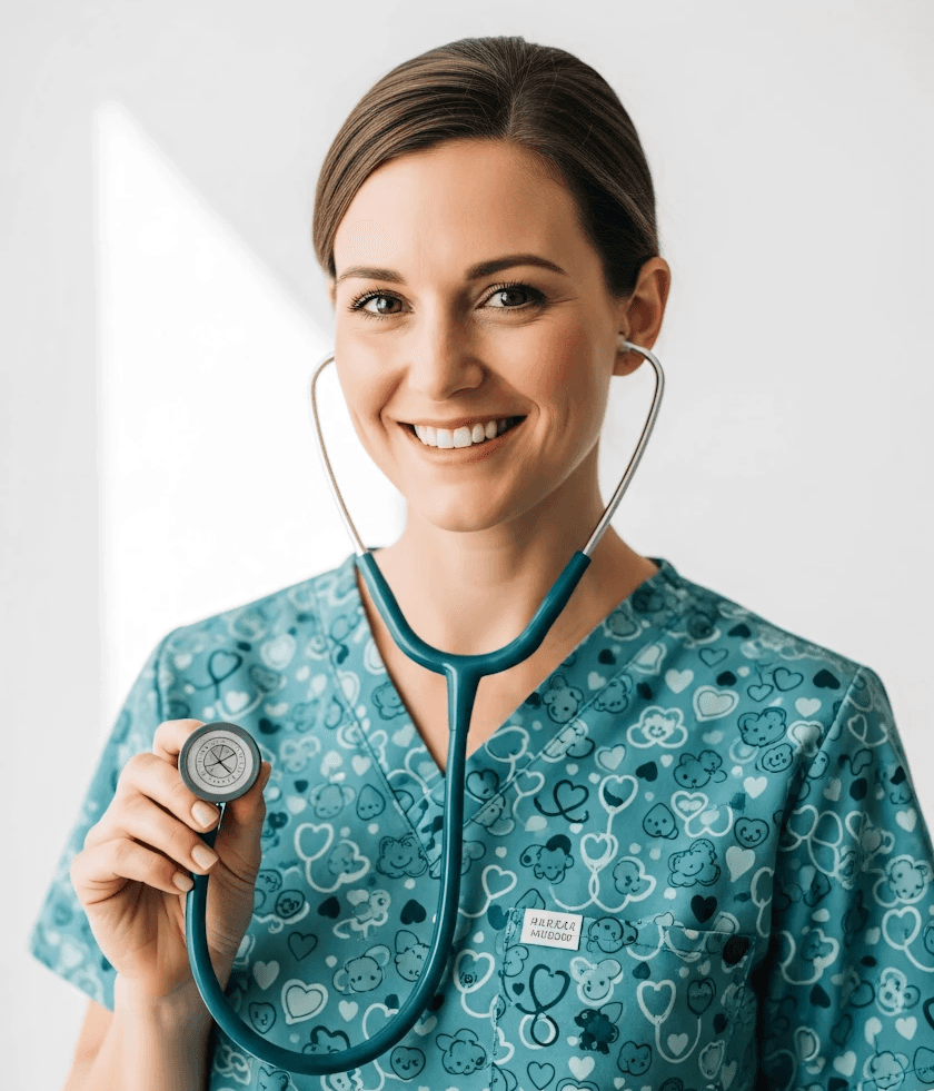 Smiling healthcare professional in teal scrubs holding a stethoscope, radiating warmth and professionalism in a bright setting