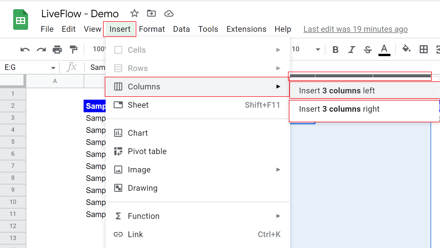 insert multiple columns from the menu bar