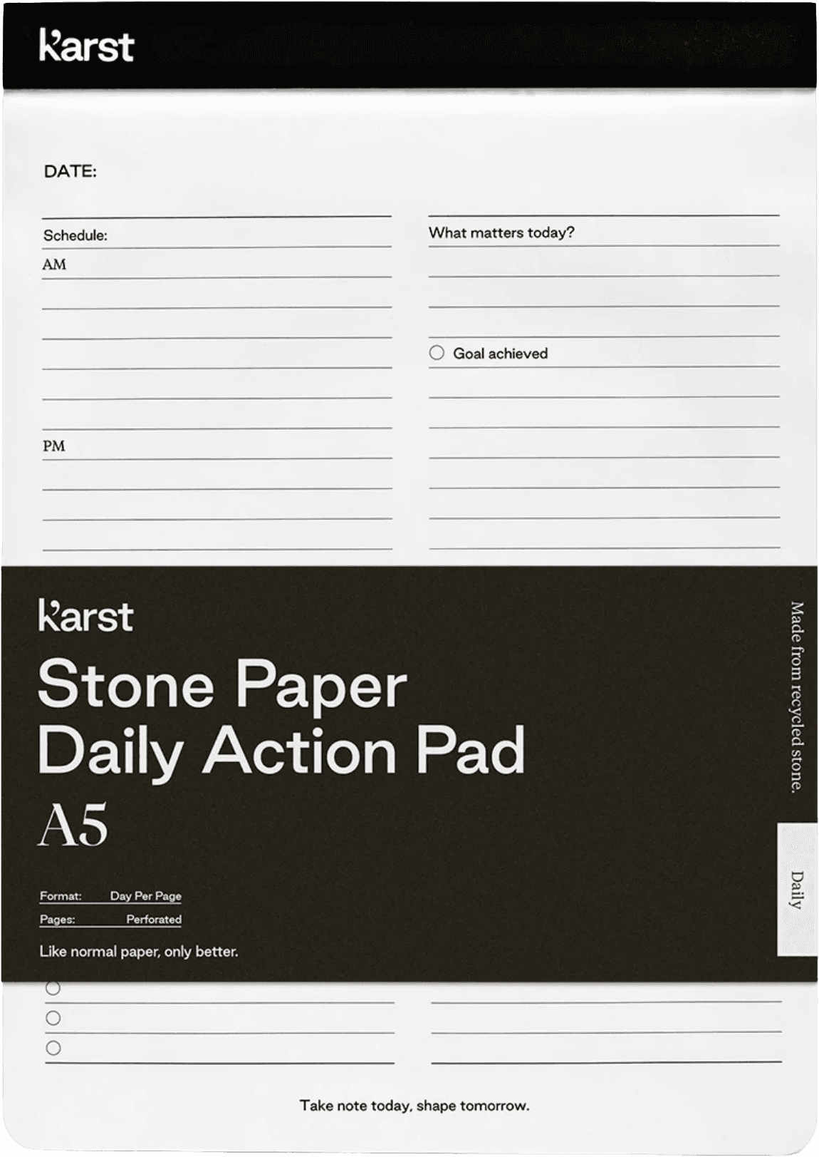 Karst Daily Action Pad planner, an A5 stone-paper notepad with schedule fields and a black Stone Paper Daily Action Pad band.