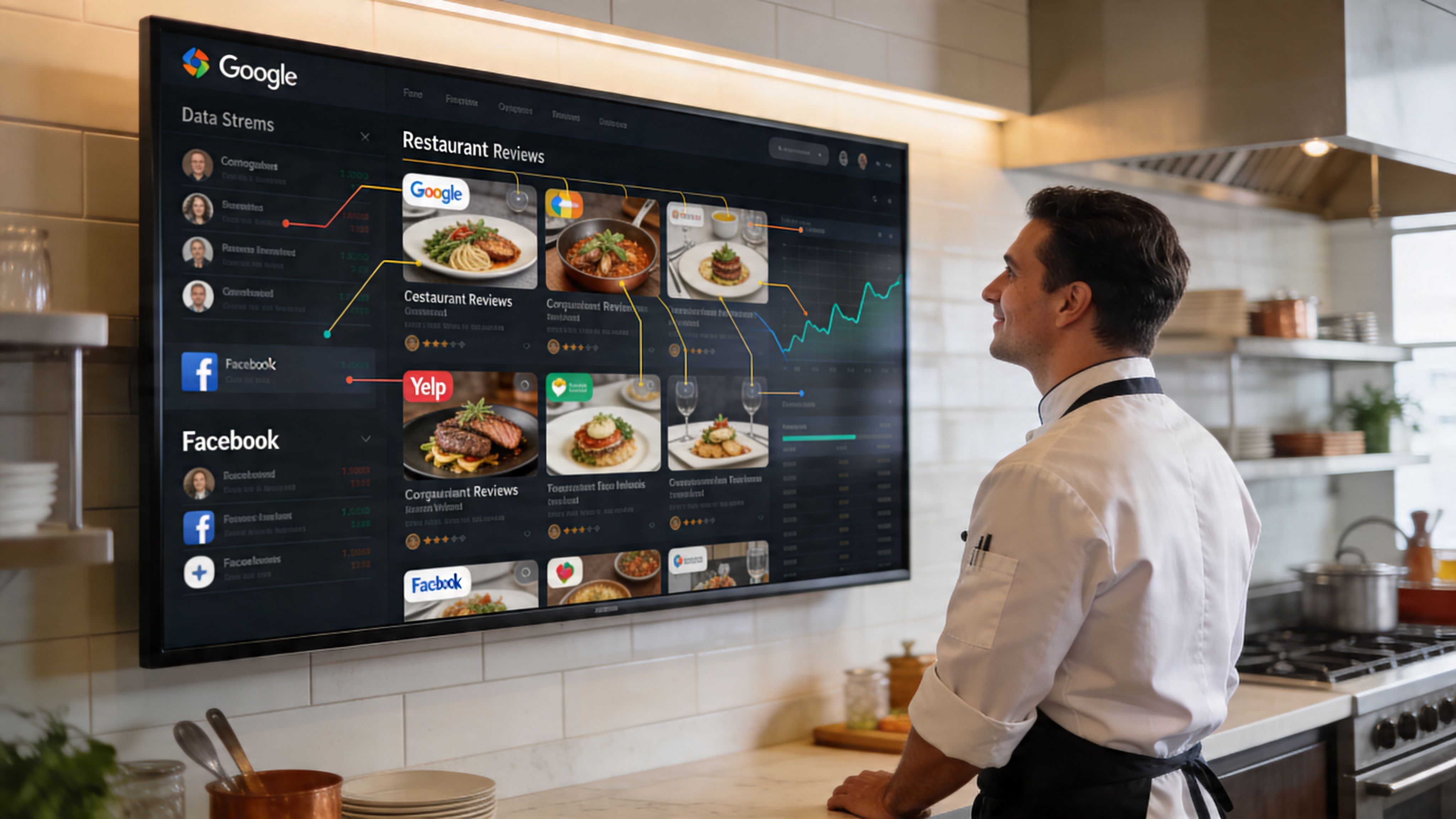 A professional chef observes a digital dashboard displaying restaurant sentiment analysis and customer review data in a kitchen.