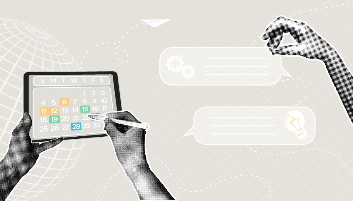 Stylized collage of hands, tablet, and calendar, used to depict managing and explaining gaps in work history.