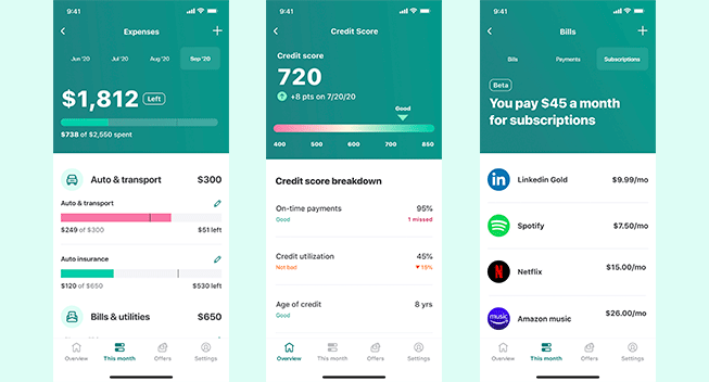 Intuit Mint mobile screens