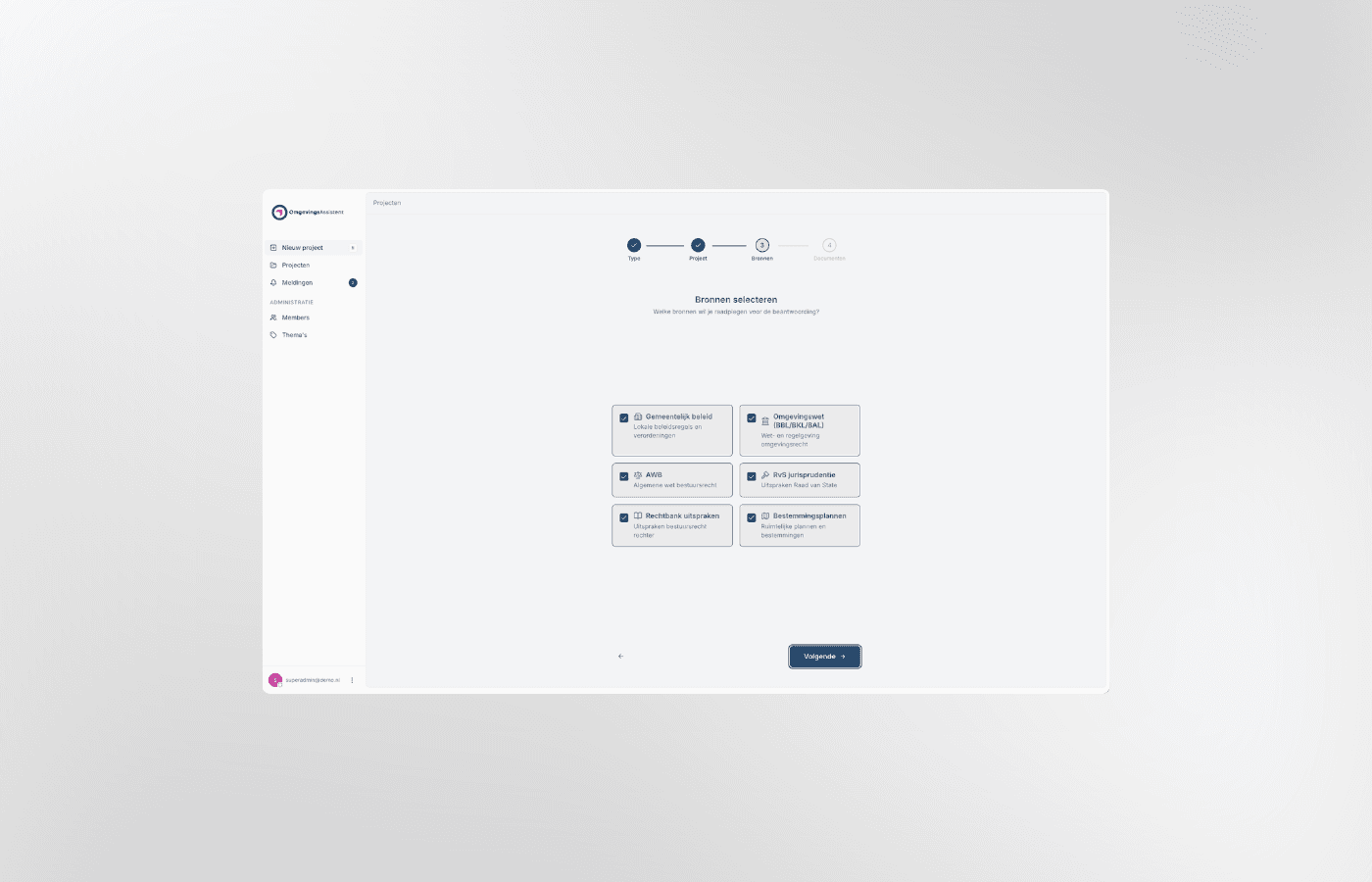 OmgevingsAssistent bronselectiestap met juridische bronnen waaronder Omgevingswet, AWB en RvS-jurisprudentie