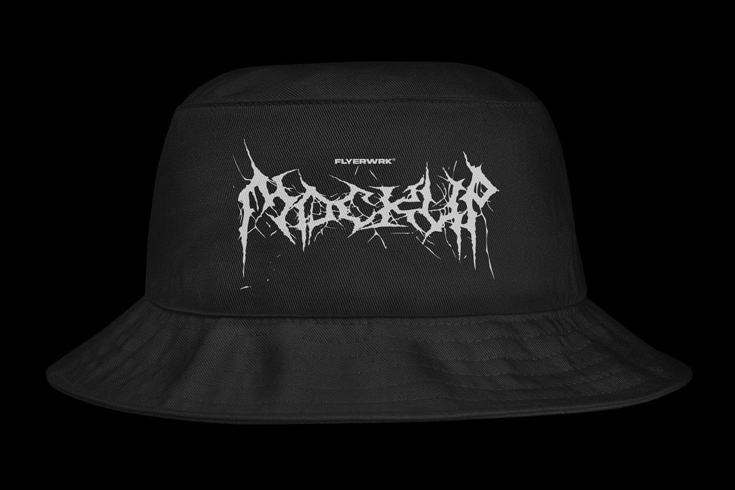 Black bucket hat mockup featuring a white metal-style graphic on a clean dark background