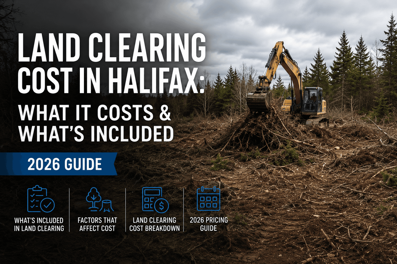 Land Clearing Cost in Halifax (2026 Guide) — excavator clearing trees, brush, and stumps during residential land clearing project in Halifax, Nova Scotia