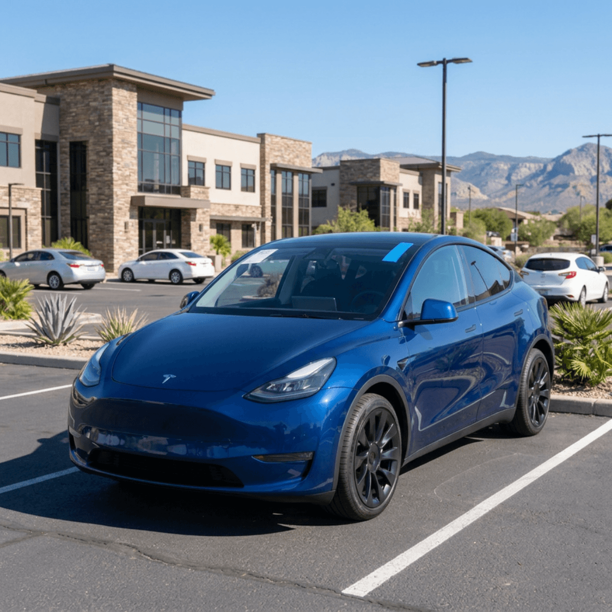 Blue Tesla Model Y photographed in a Cottonwood, Arizona lot following a quick windshield glass swap