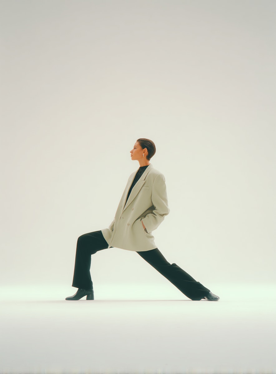 Minimalist fashion photo of a person in a posed stance, wearing a light blazer and black trousers against a white background.