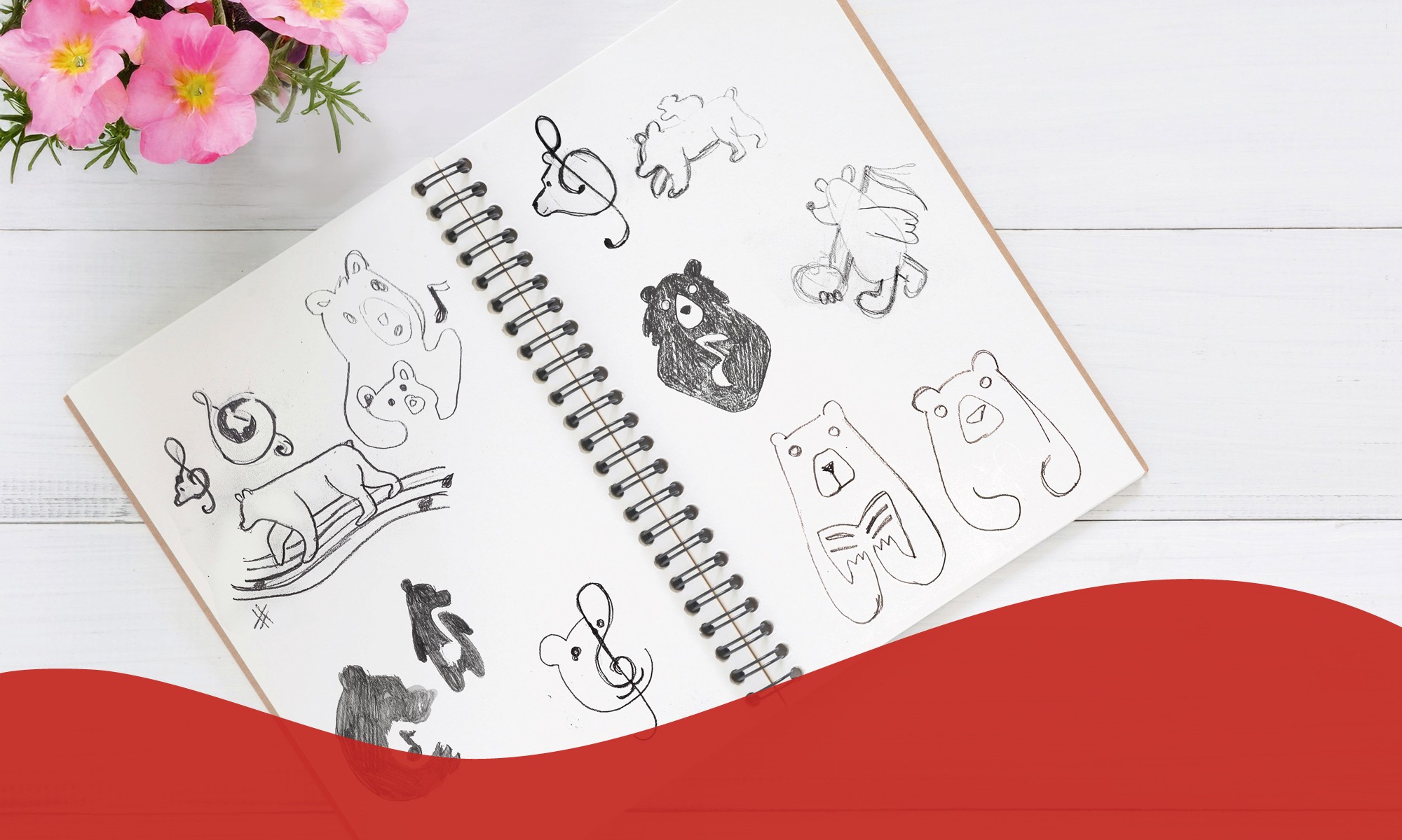 Ideation of the logo, trying to combine music related items and symbols and bears