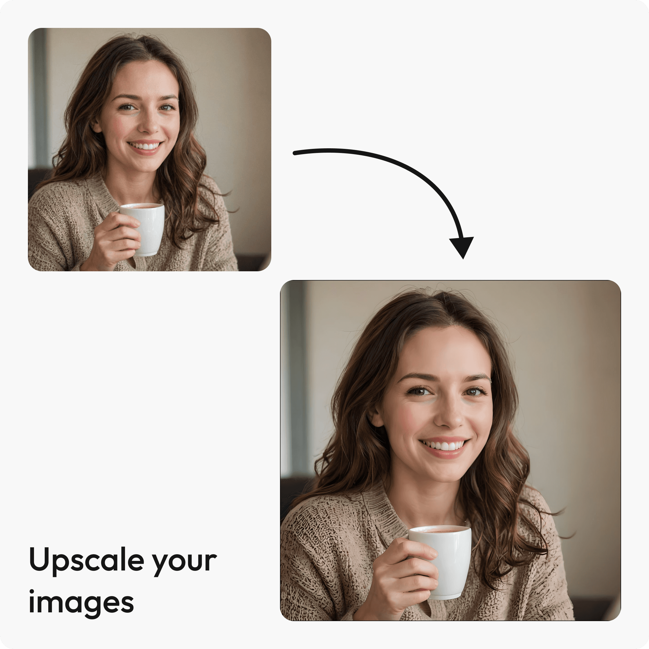 Young brunette woman smiling, holding a white mug, lifestyle product photo made with Caspa AI