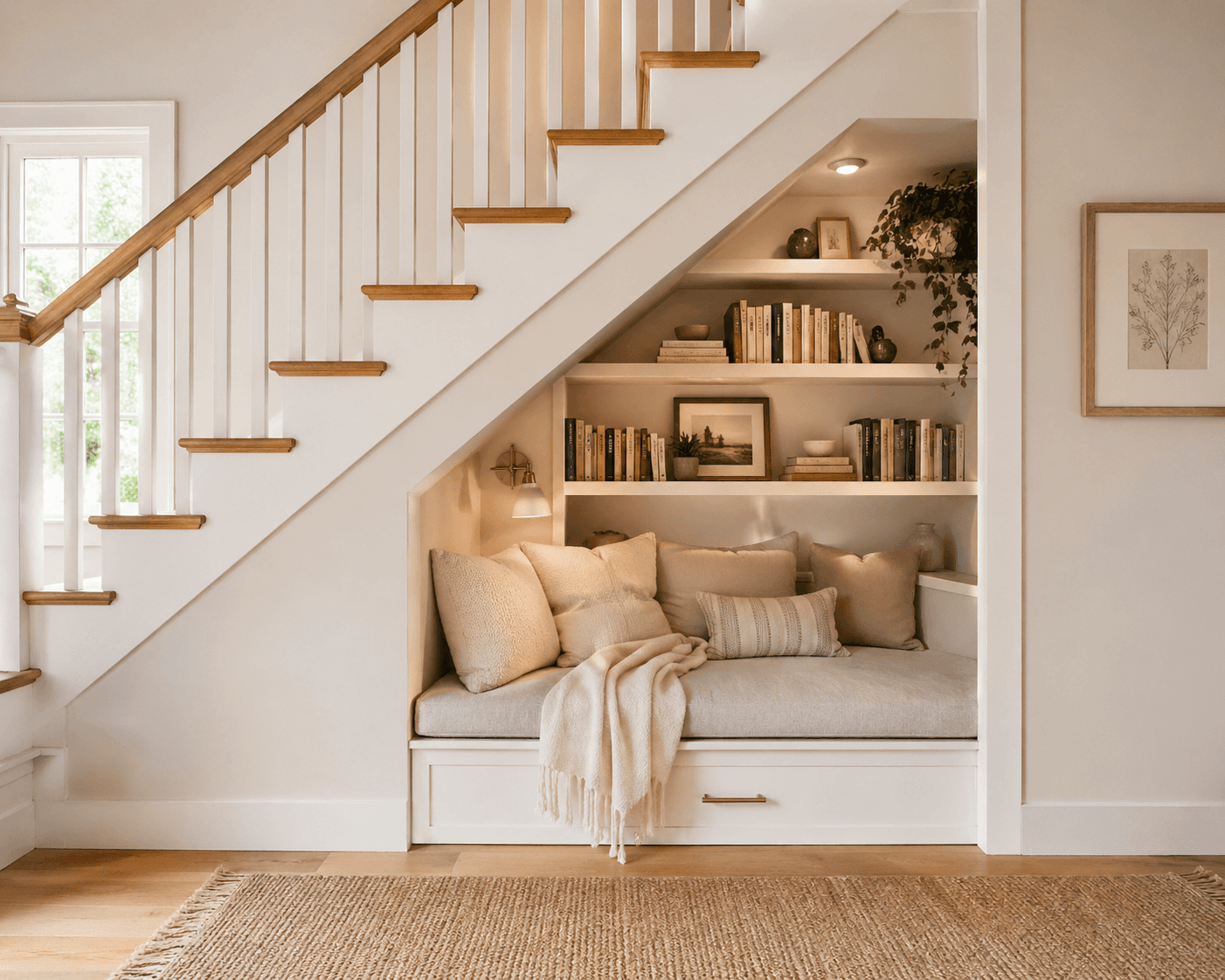 Modern reading nook with white chaise and bookshelves.