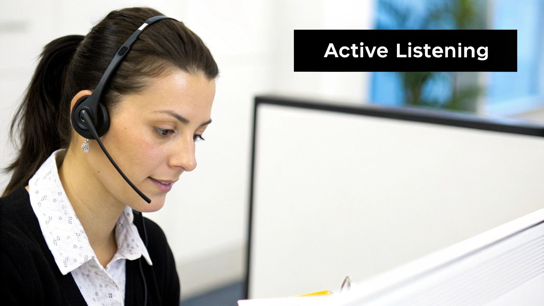 A focused woman wearing a headset actively listens, symbolizing customer service and communication.