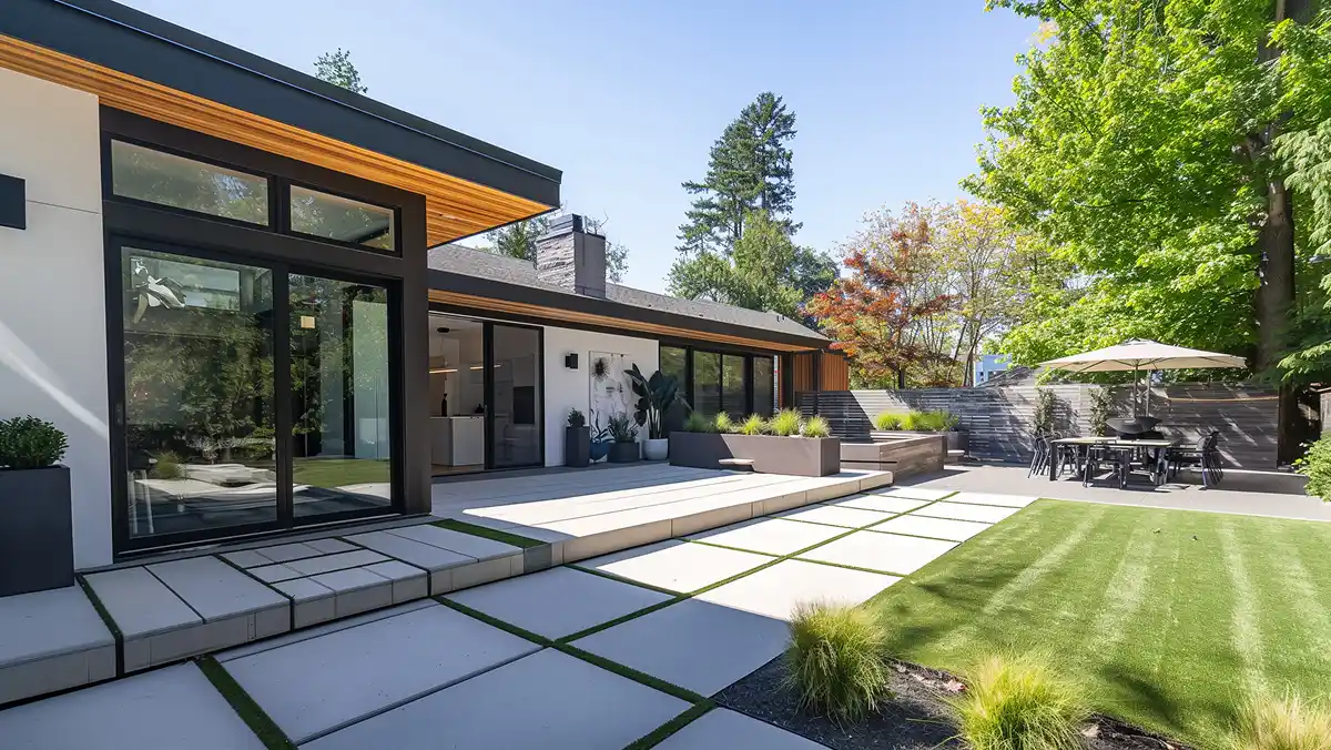Modern patio with tiles and landscaping, renovated outdoor living space