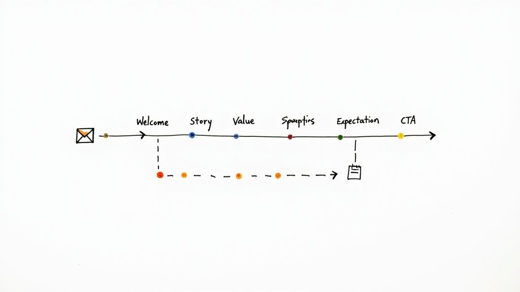 An animated sequence of emails flowing from a laptop to an inbox, symbolizing an automated welcome series.