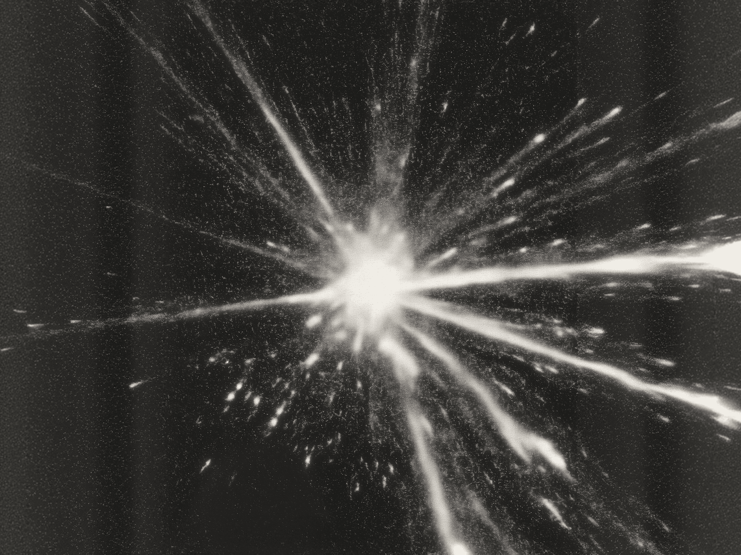 cosmic explosion of light and particles in deep space, starburst energy expansion, high-speed motion through stars, abstract universe visualization, astrophysics energy field concept