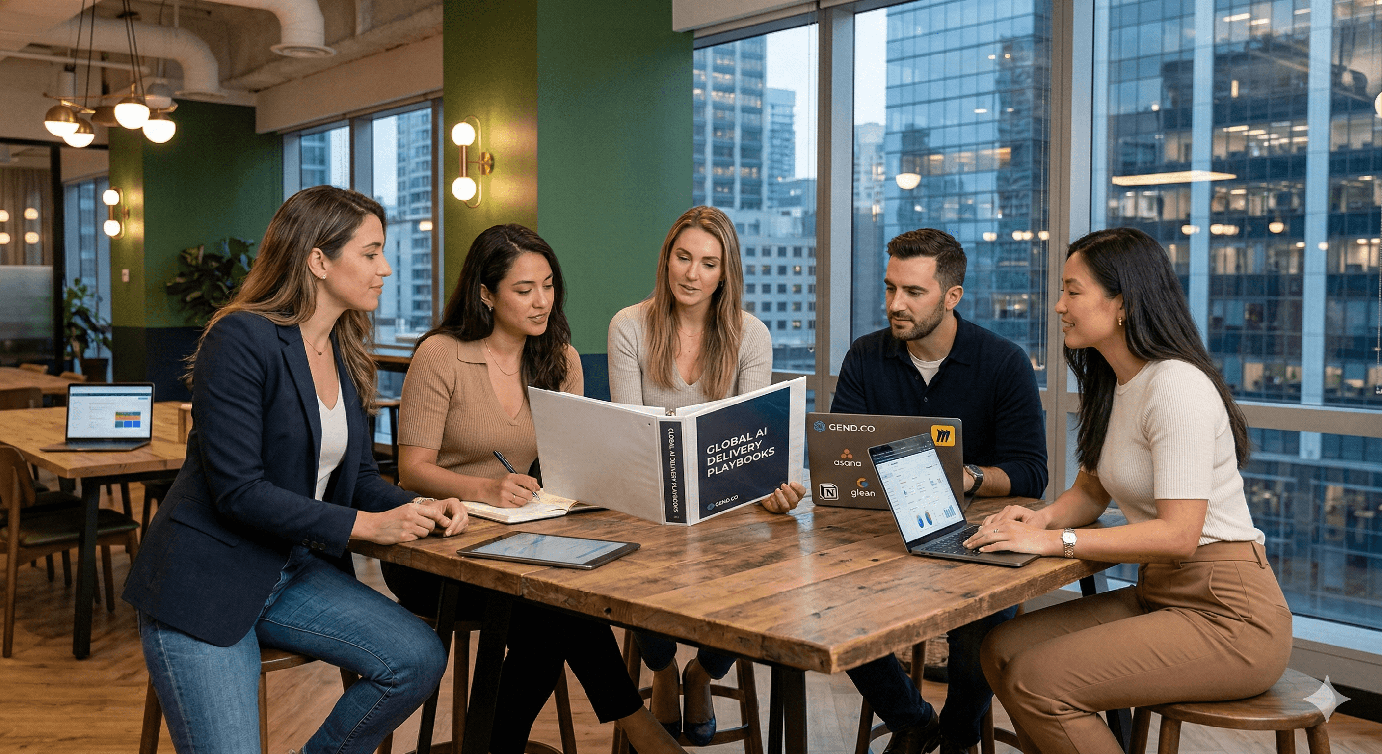 A diverse group of five people collaborate around a wooden table in a modern office with large windows overlooking a cityscape, focusing on a document titled "Global AI Capability Framework" aimed at boosting AI productivity globally.
