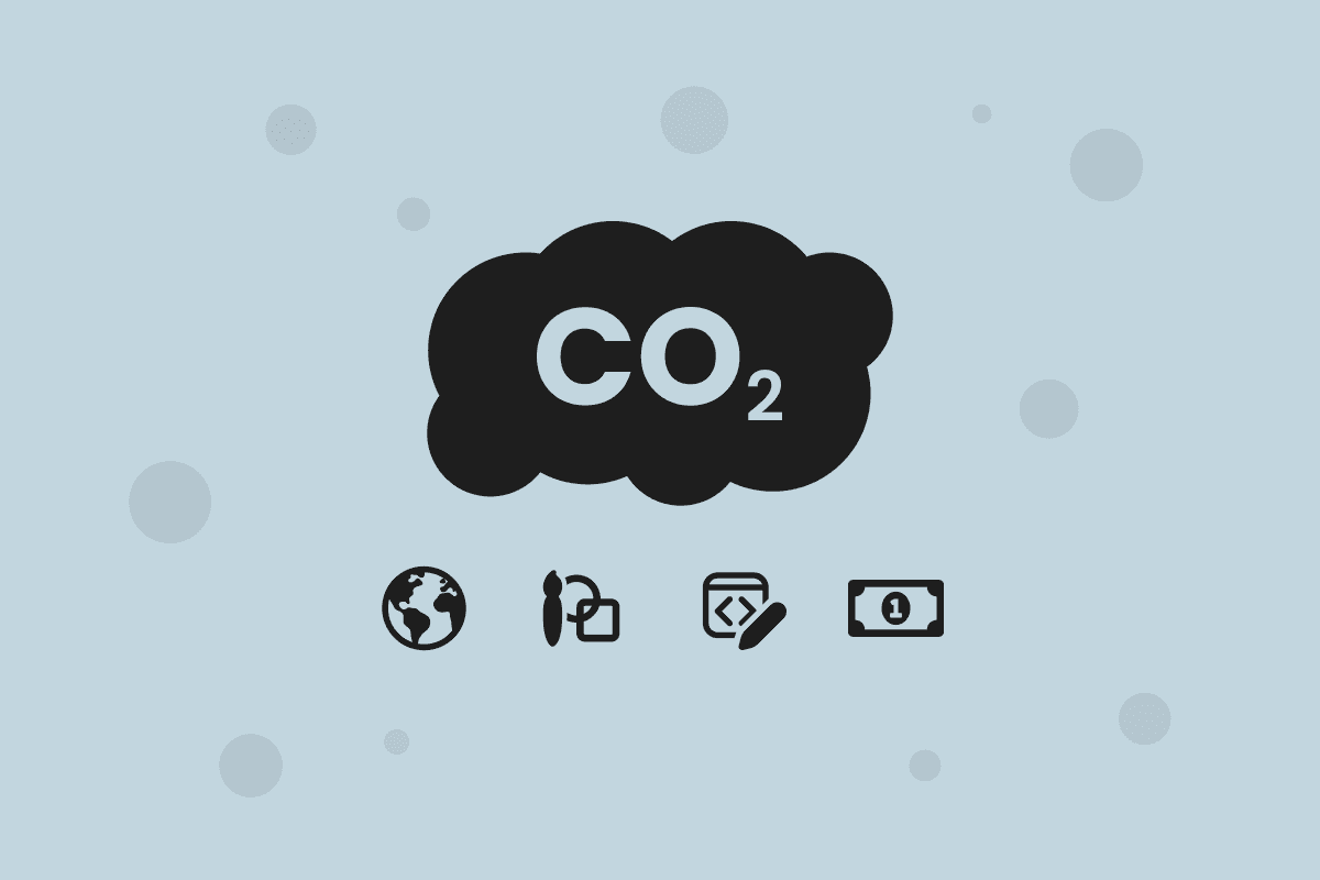 A cloud bubble with the words 'CO2' inside. Beneath this are four icons, which are the Earth, design tools, coding tools, and money.