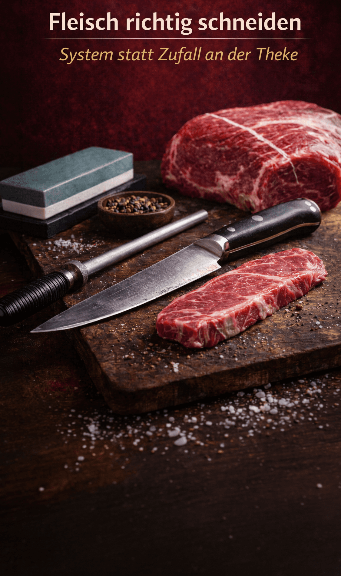 Messer und Schleifstein neben portioniertem Fleisch