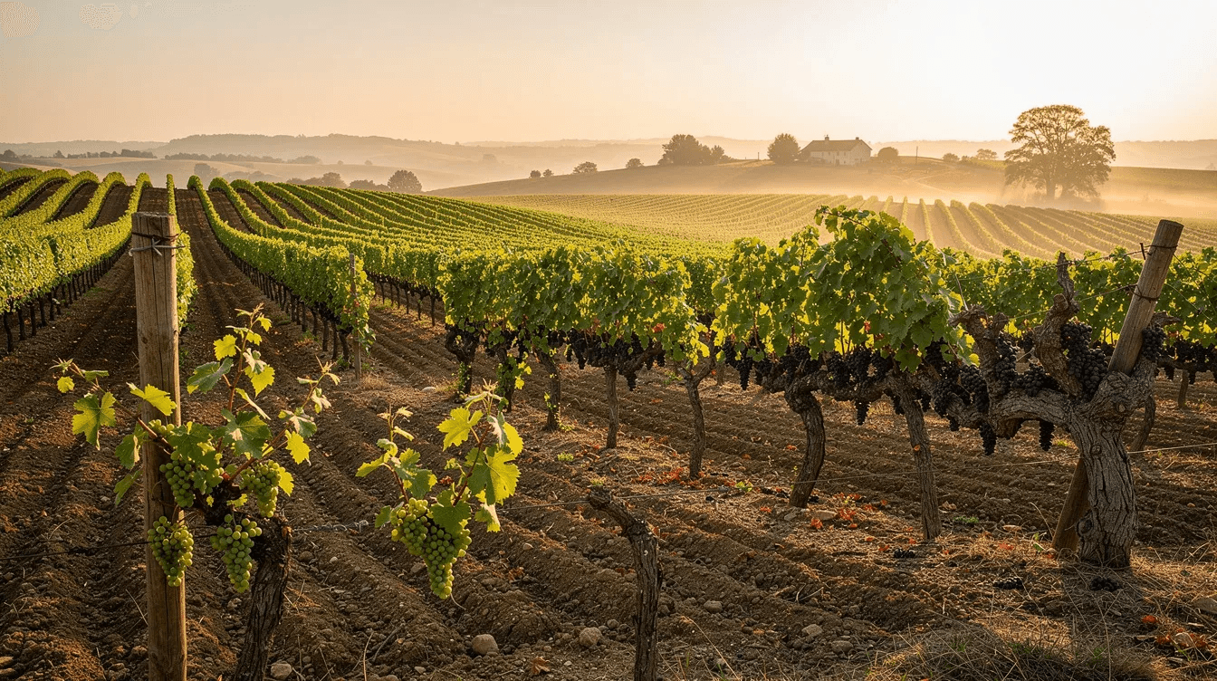 The image depicts a vineyard with rows of grapevines at varying stages of growth, symbolizing the patience and strategic focus needed for vintage diversification in private equity investments. This visual metaphor highlights the importance of nurturing portfolio companies over time to achieve value creation and successful returns in the private equity market.