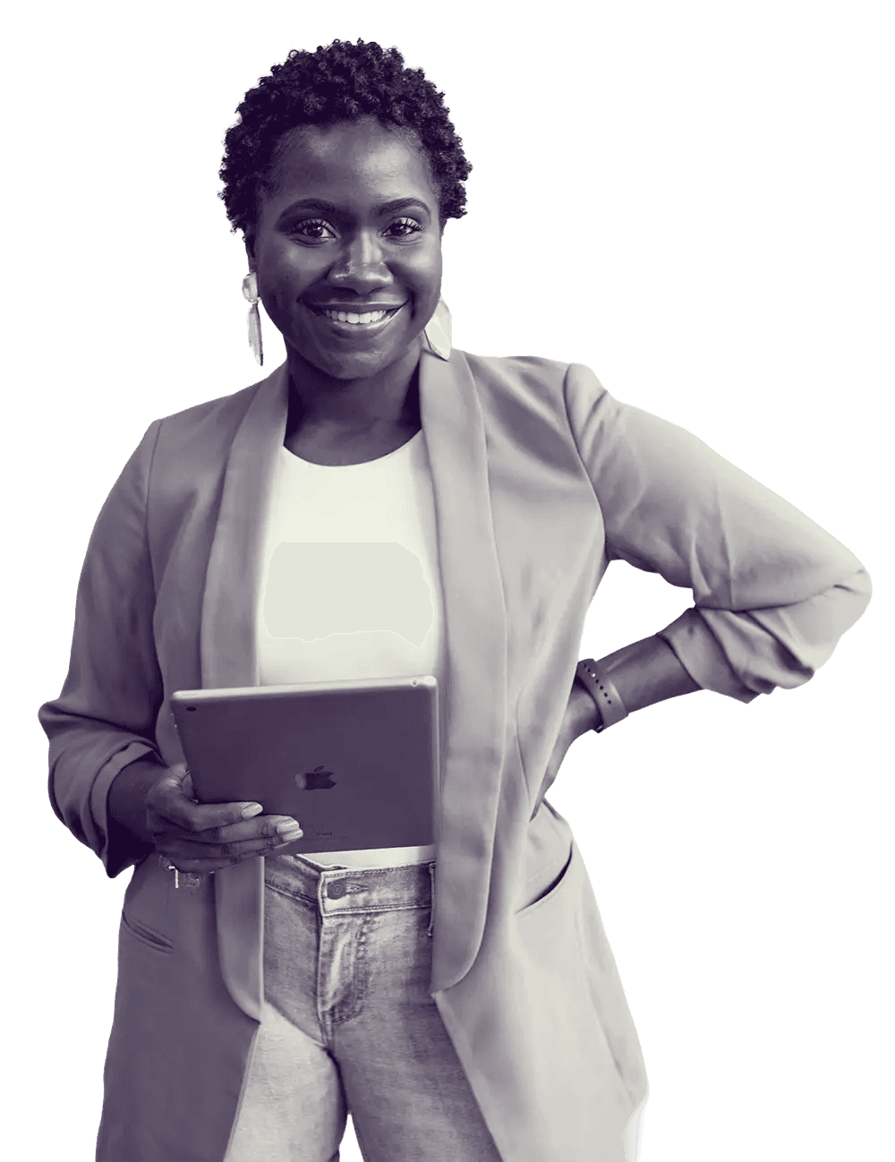 A professional woman in a suit holds a tablet computer, appearing focused and engaged in her work.