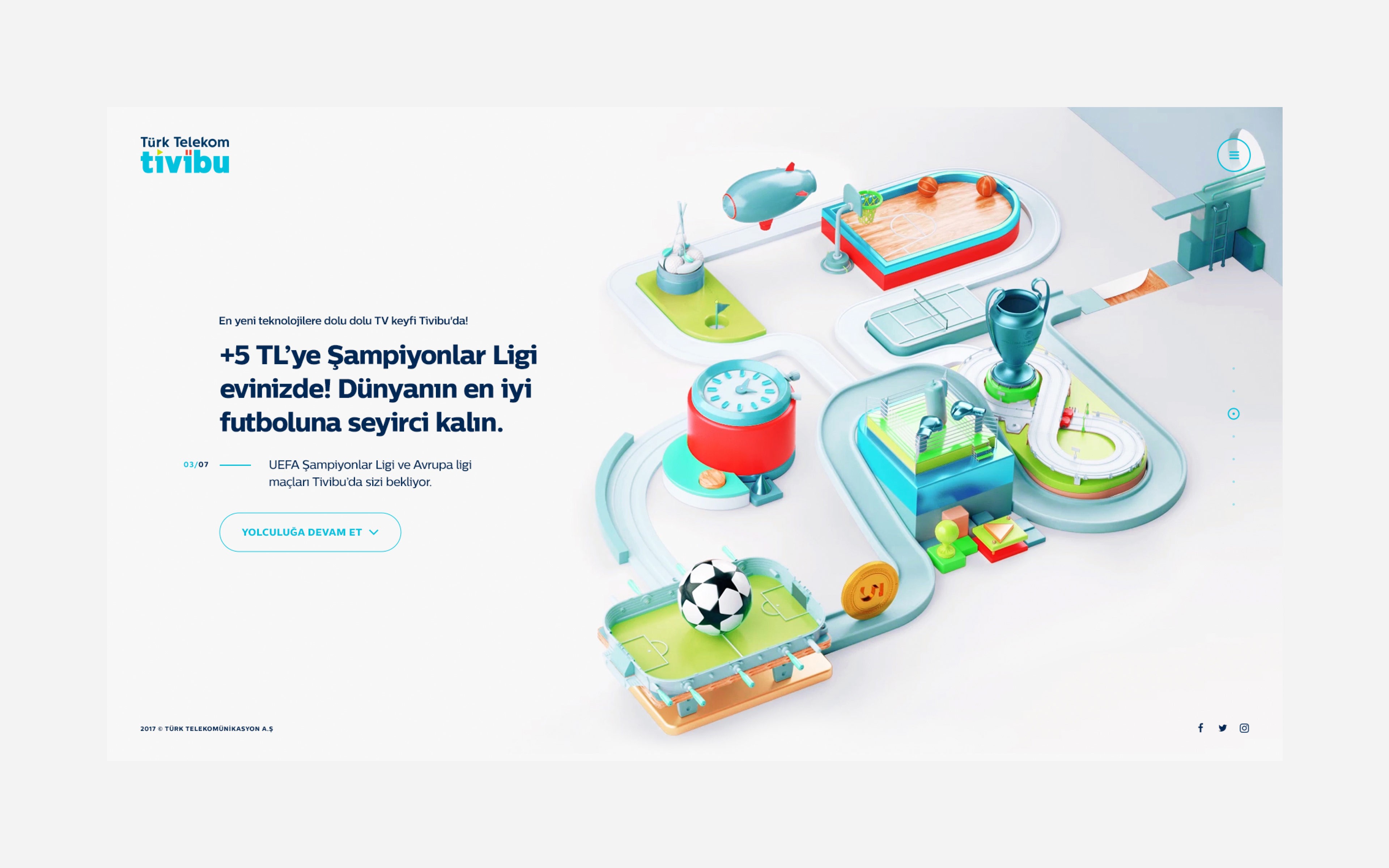 Turk Telekom – 5TL Journey sports scene featuring 5 TL coin in 3D football fields, trophies, basketball courts, and racetracks; designed by Burak Canpolat.