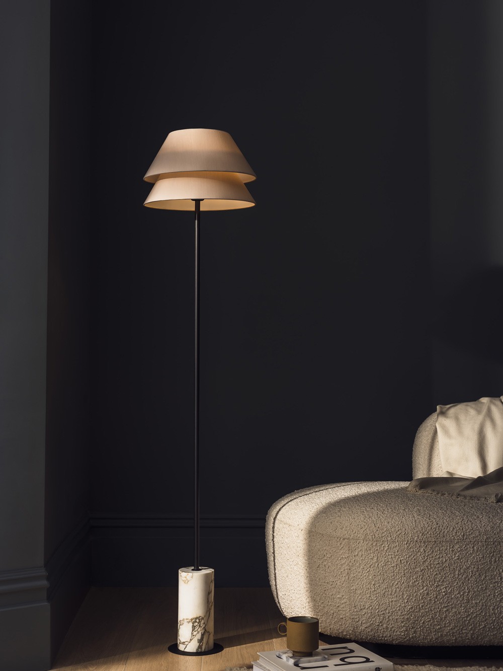 Kobi floor lamp – honed marble base with double-shade design for diffused, layered lighting