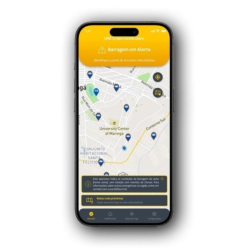 UI do App Alerta Individual exibindo status da barragem amarelo, status alerta