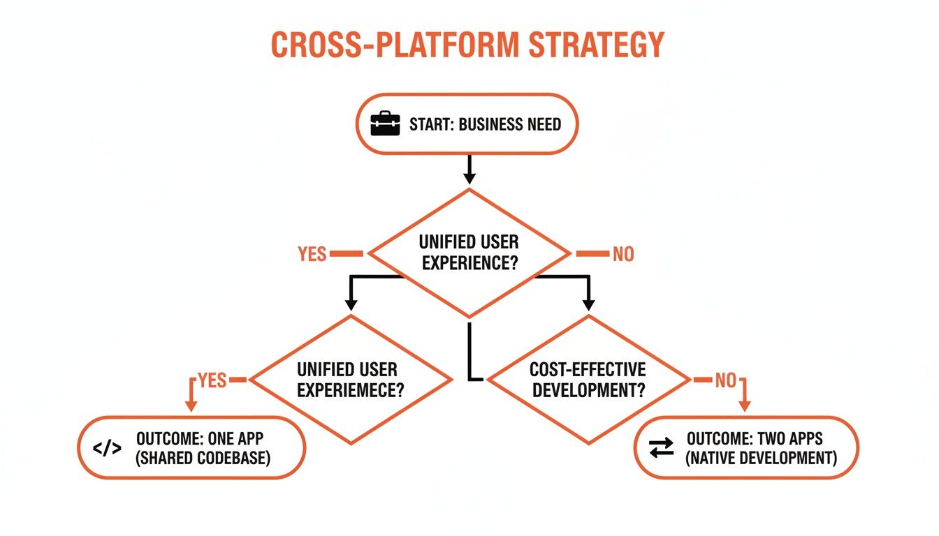 A flowchart illustrating a cross-platform strategy decision process, from business need to app development outcome.